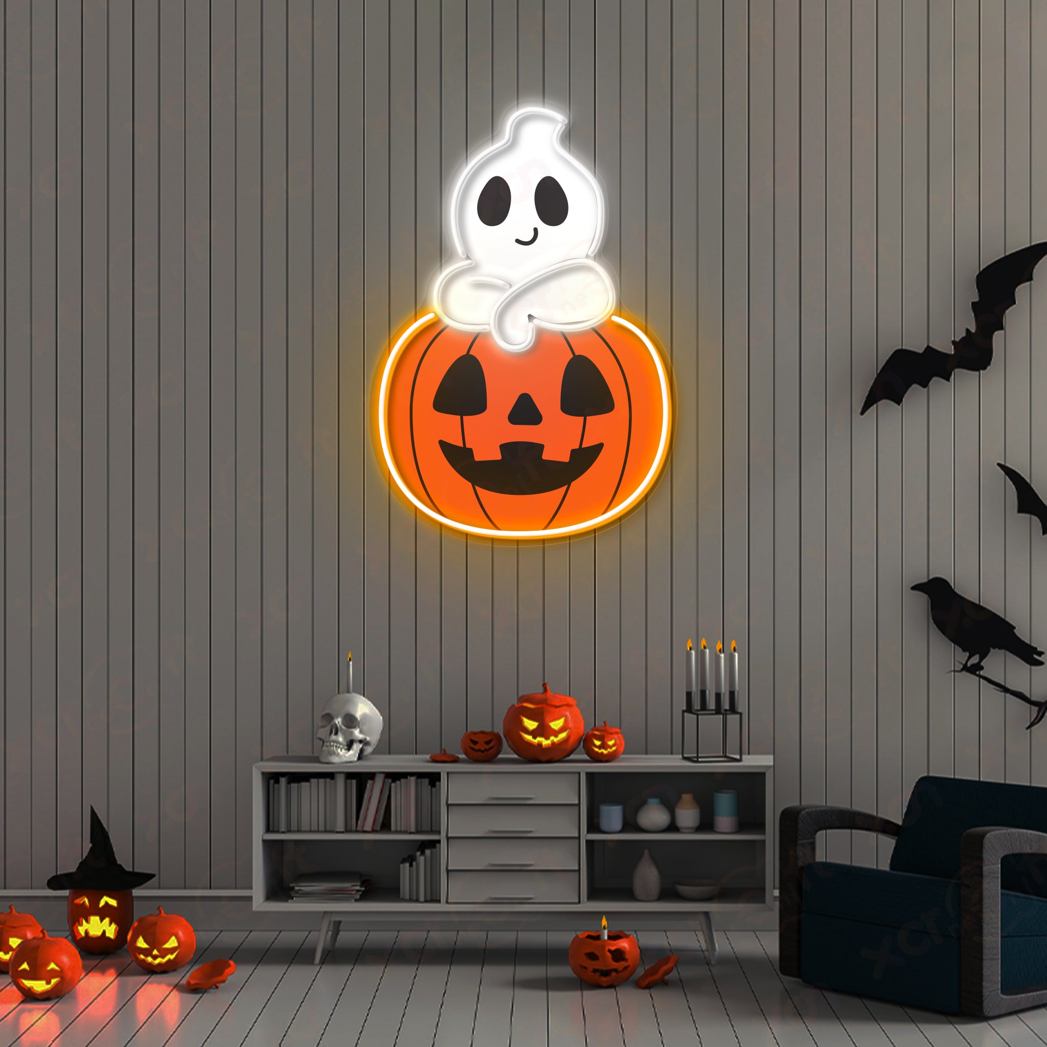 Ghost Pumpkin LED Neon Wall Art