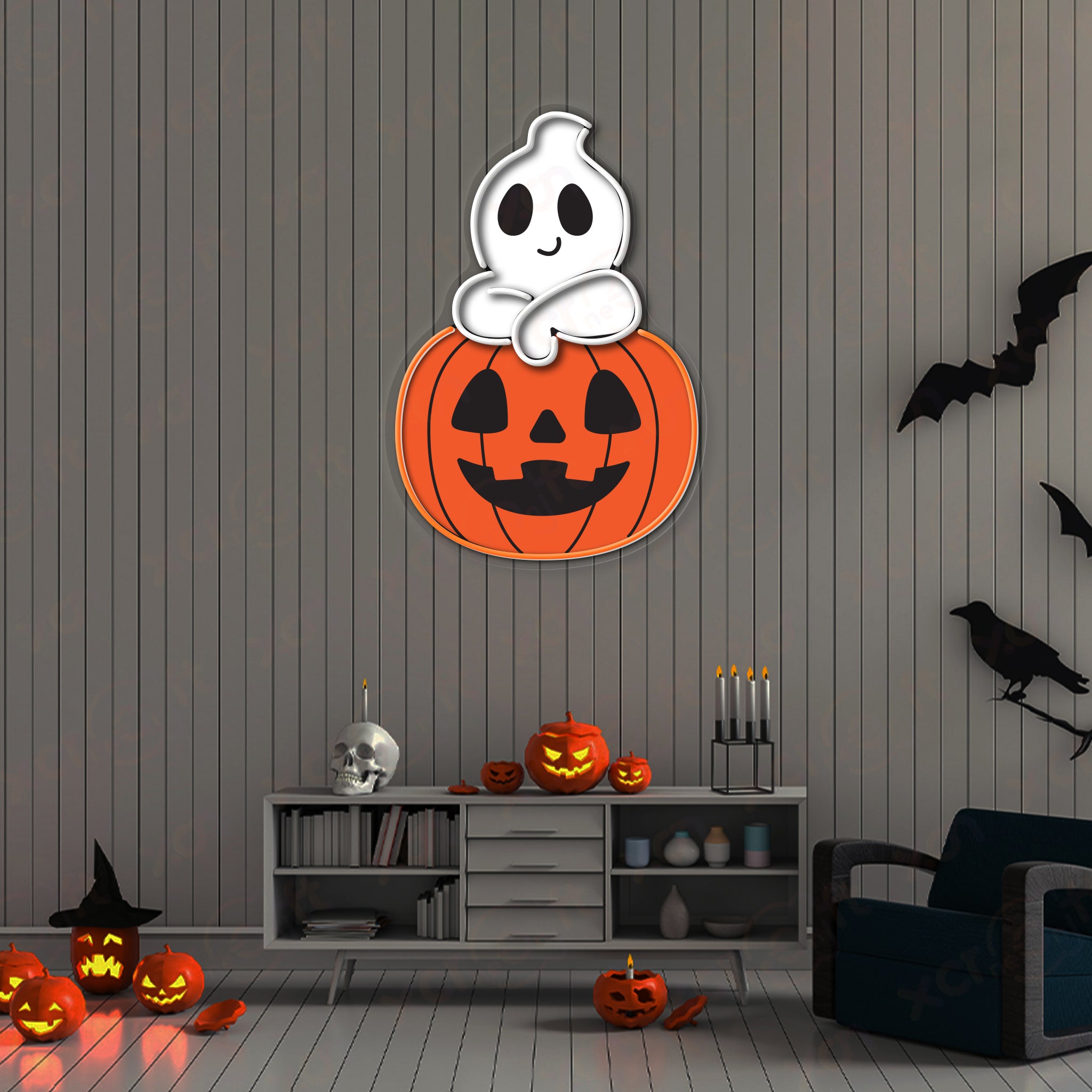 Ghost Pumpkin LED Neon Wall Art