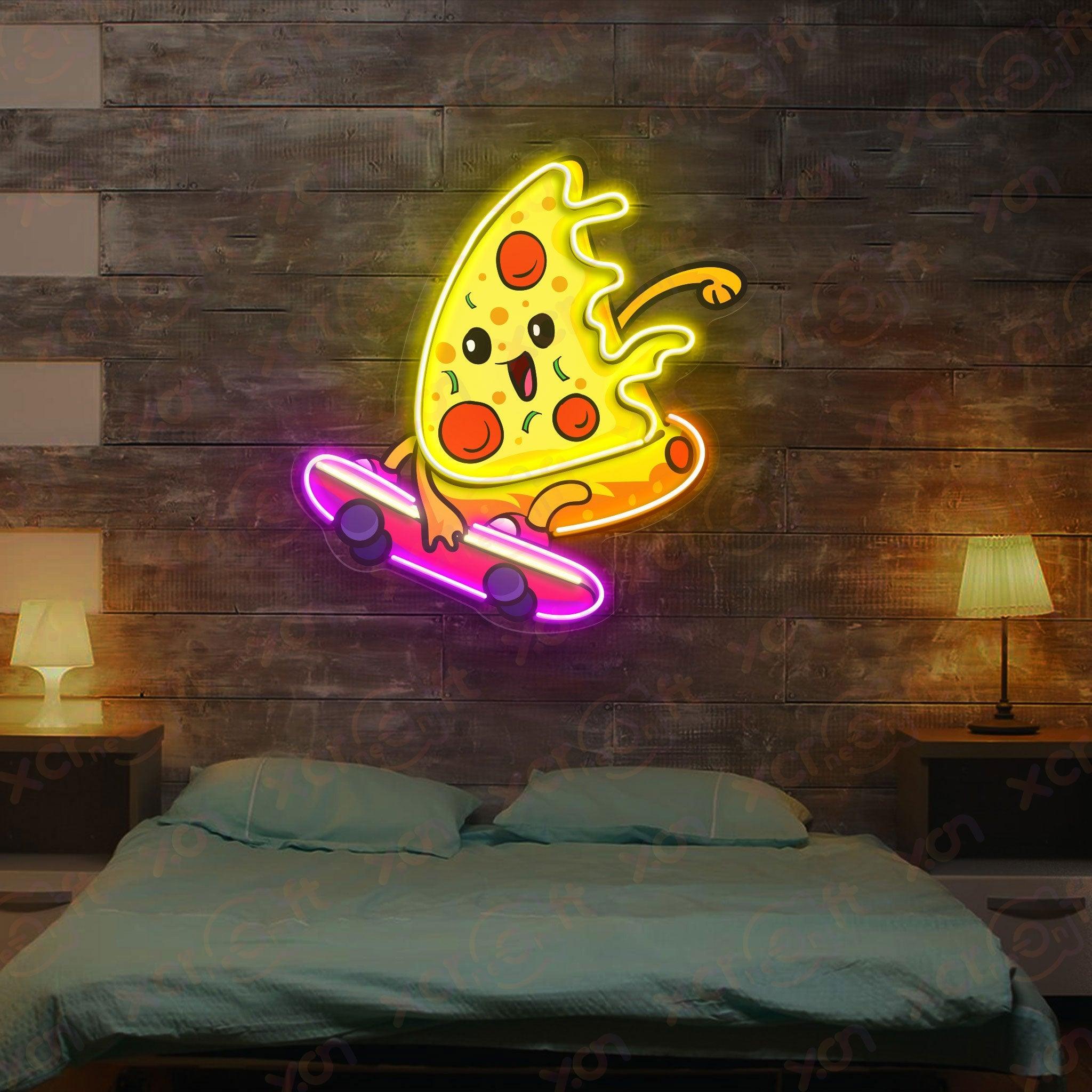 Neon sign depicting pizza skating