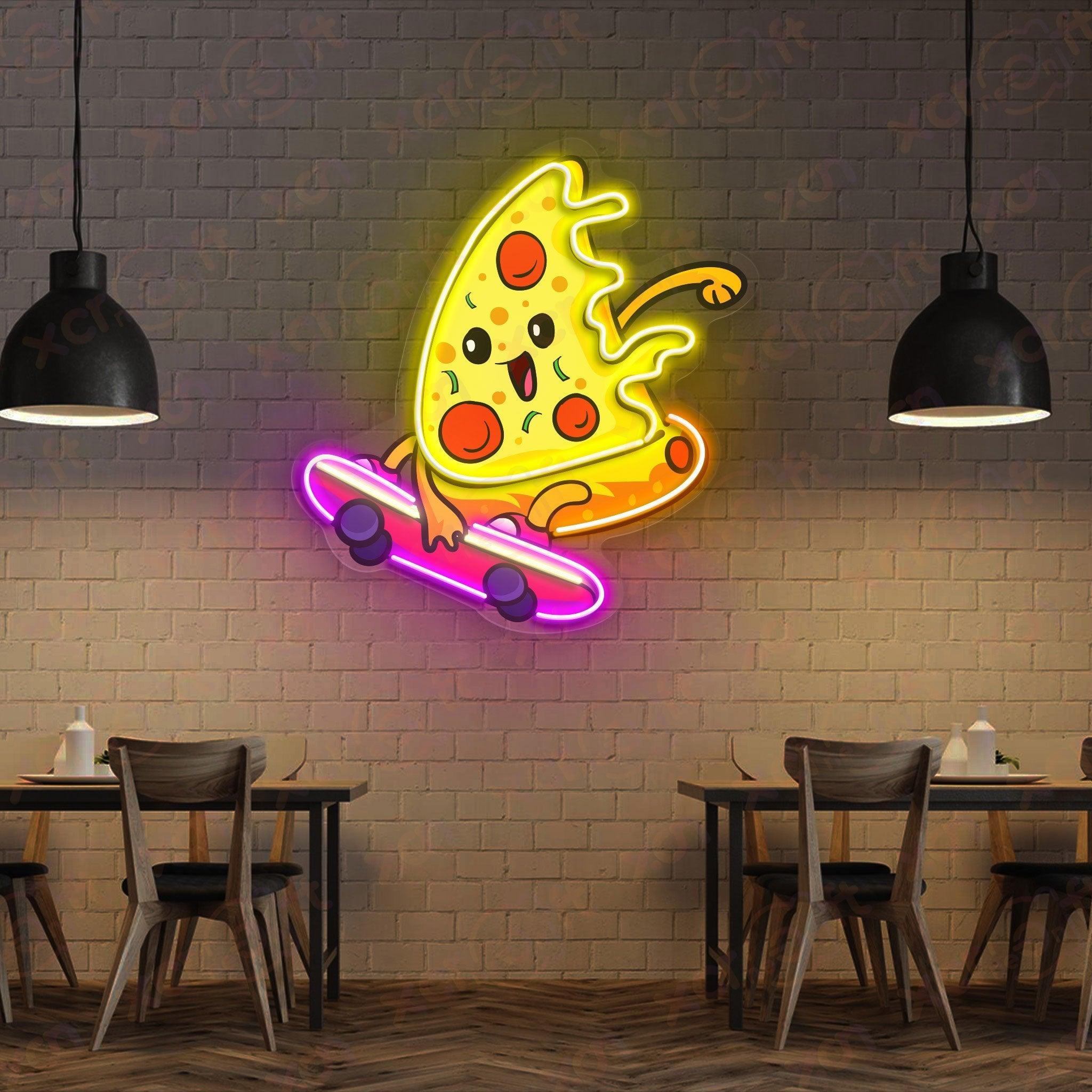 Colorful neon sign of pizza on skates