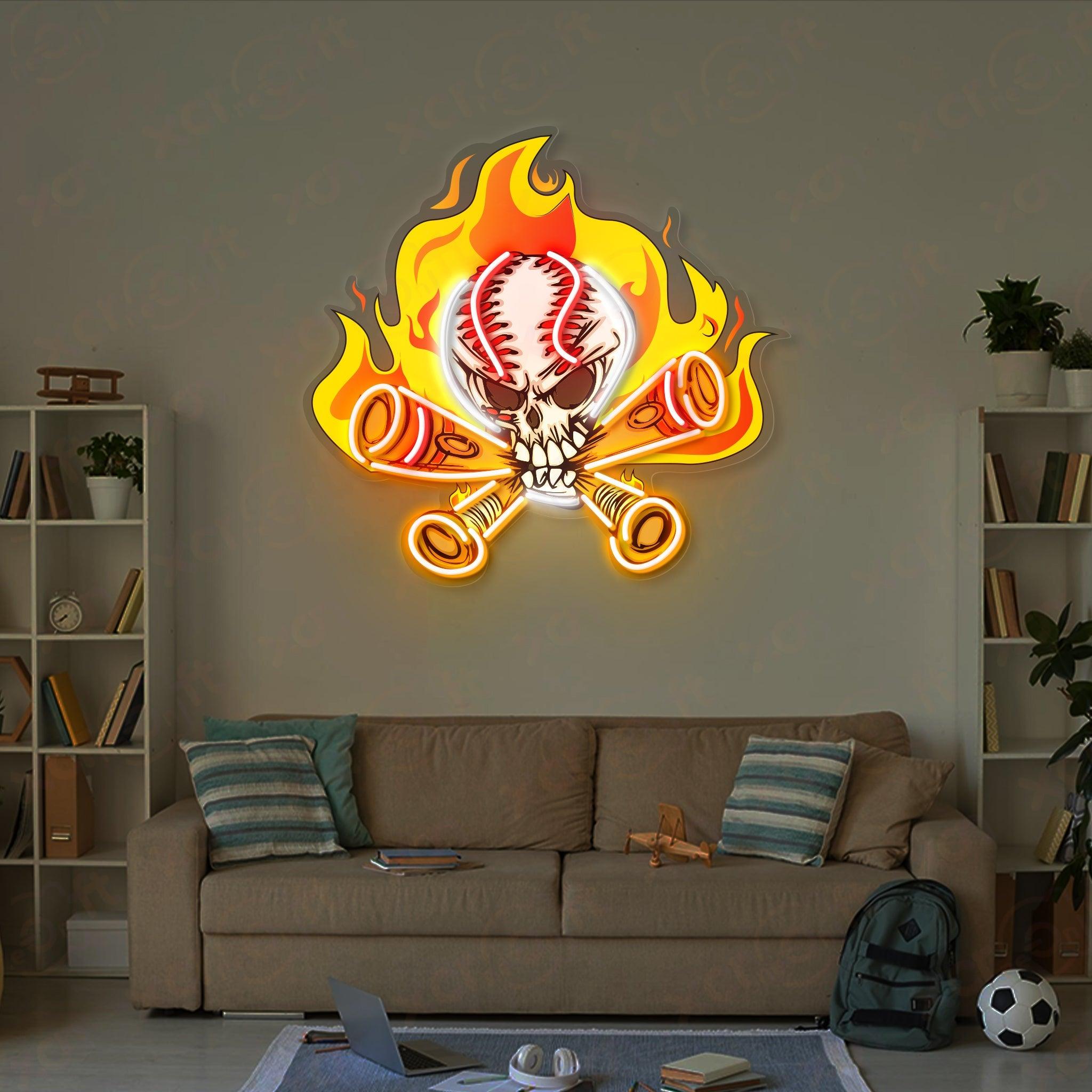 Flaming Skull Baseball UV Printed Neon Light