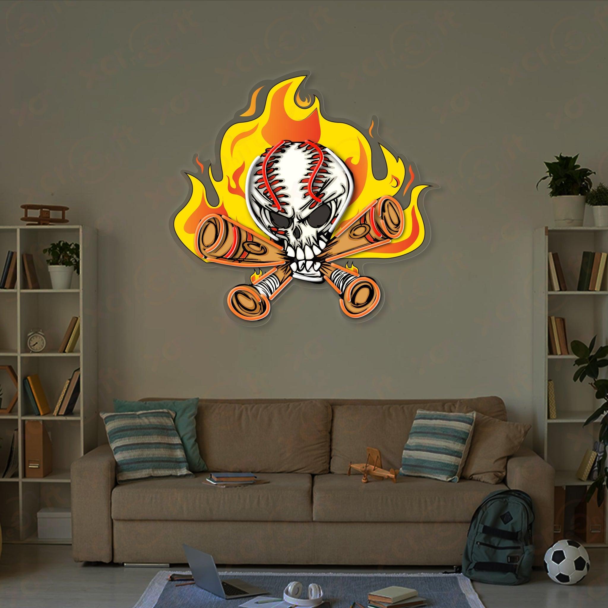 Flaming Skull Baseball UV Printed Neon Light