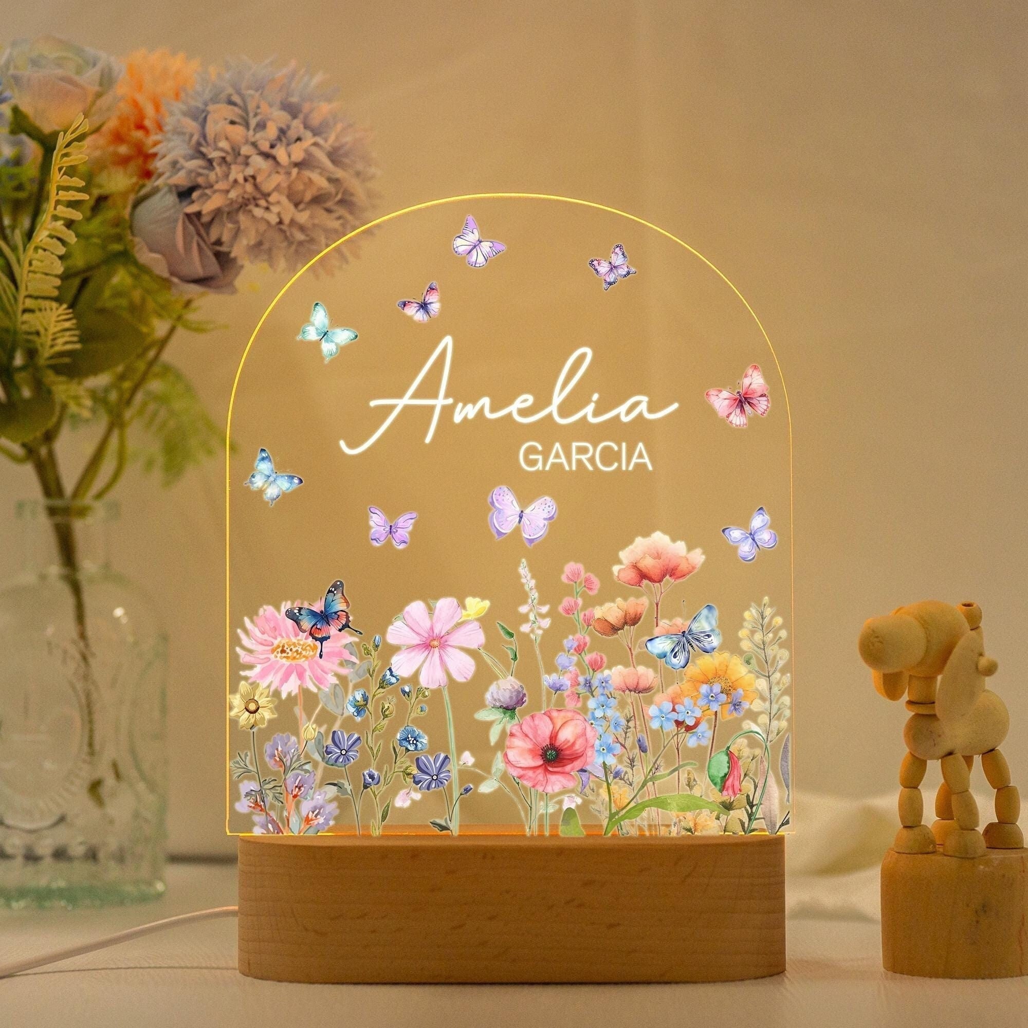 Custom Floral Butterfly Name Night Light