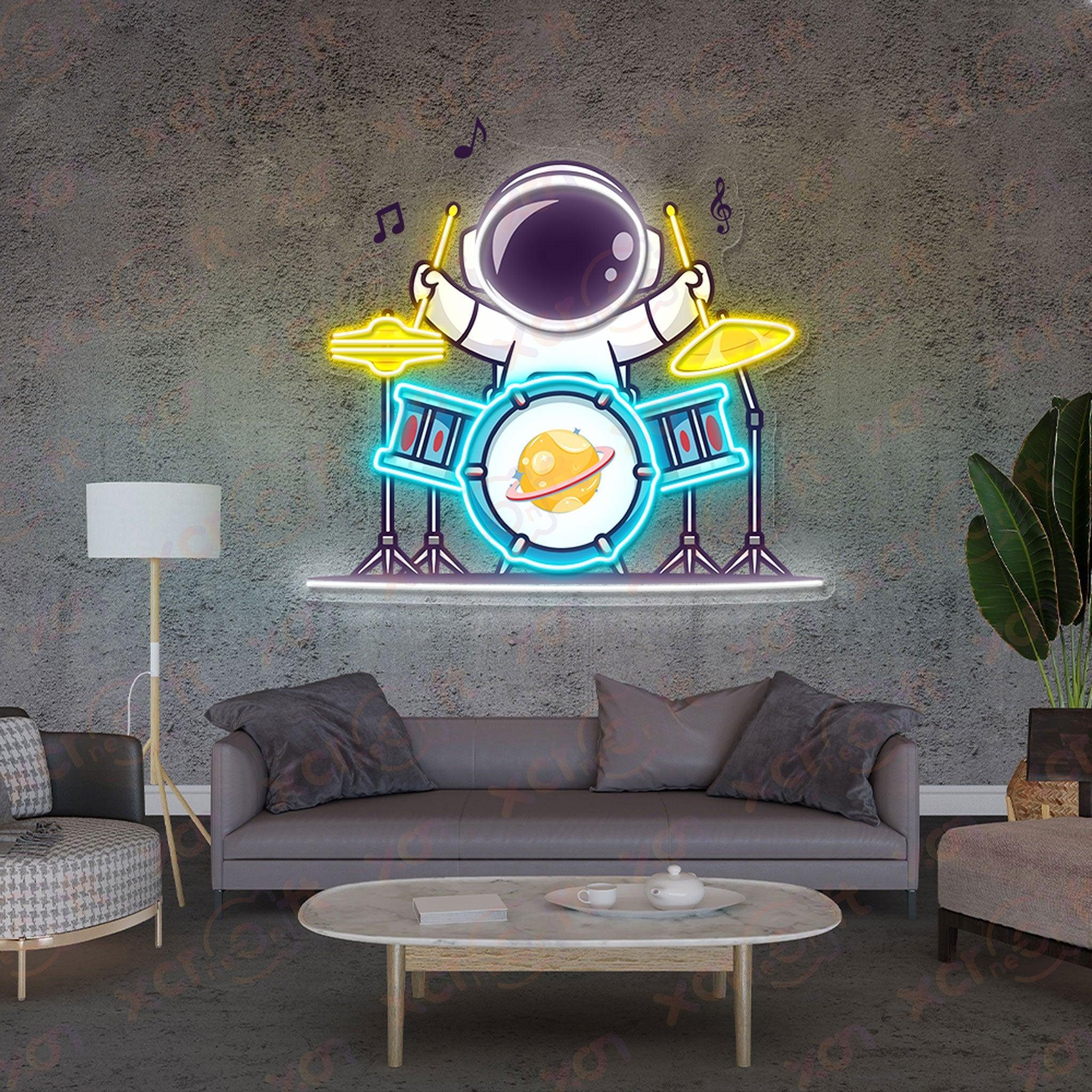 Astronaut Playing Drum Neon Wall Art