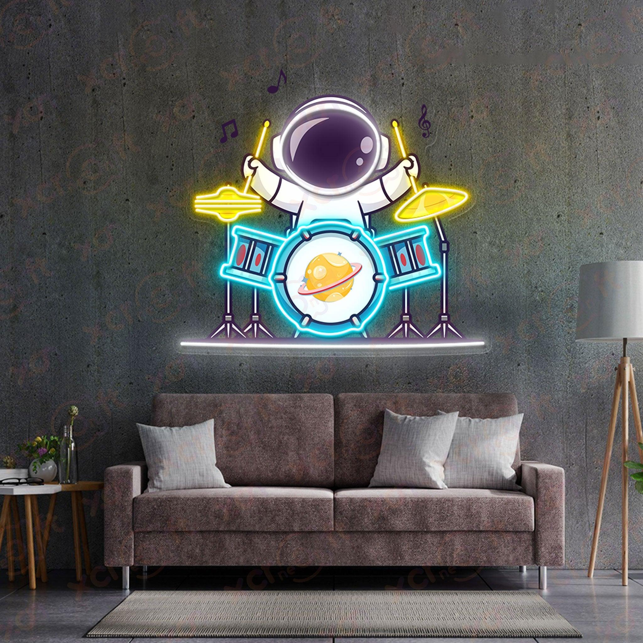 Astronaut Playing Drum Neon Wall Art