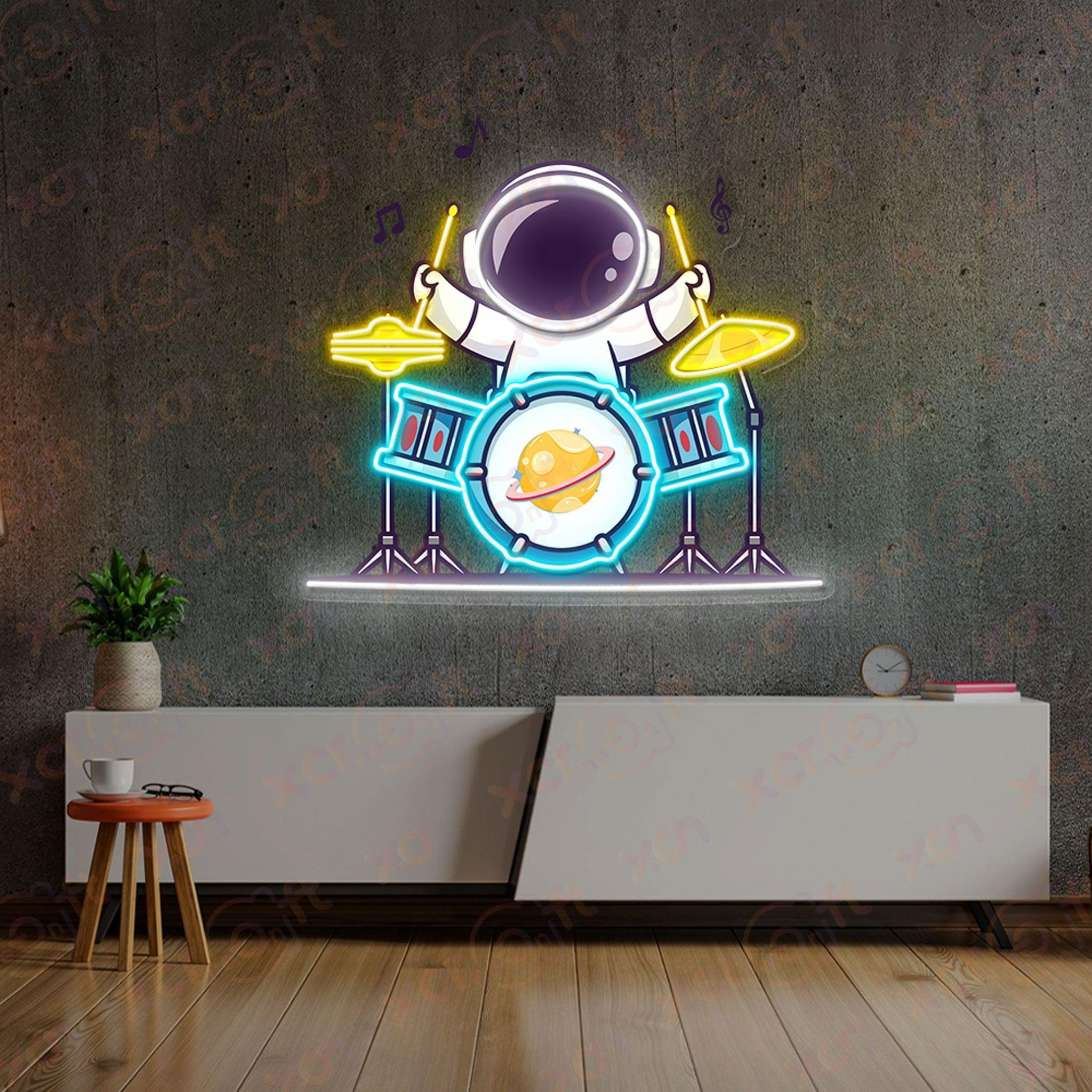 Astronaut Playing Drum Neon Wall Art