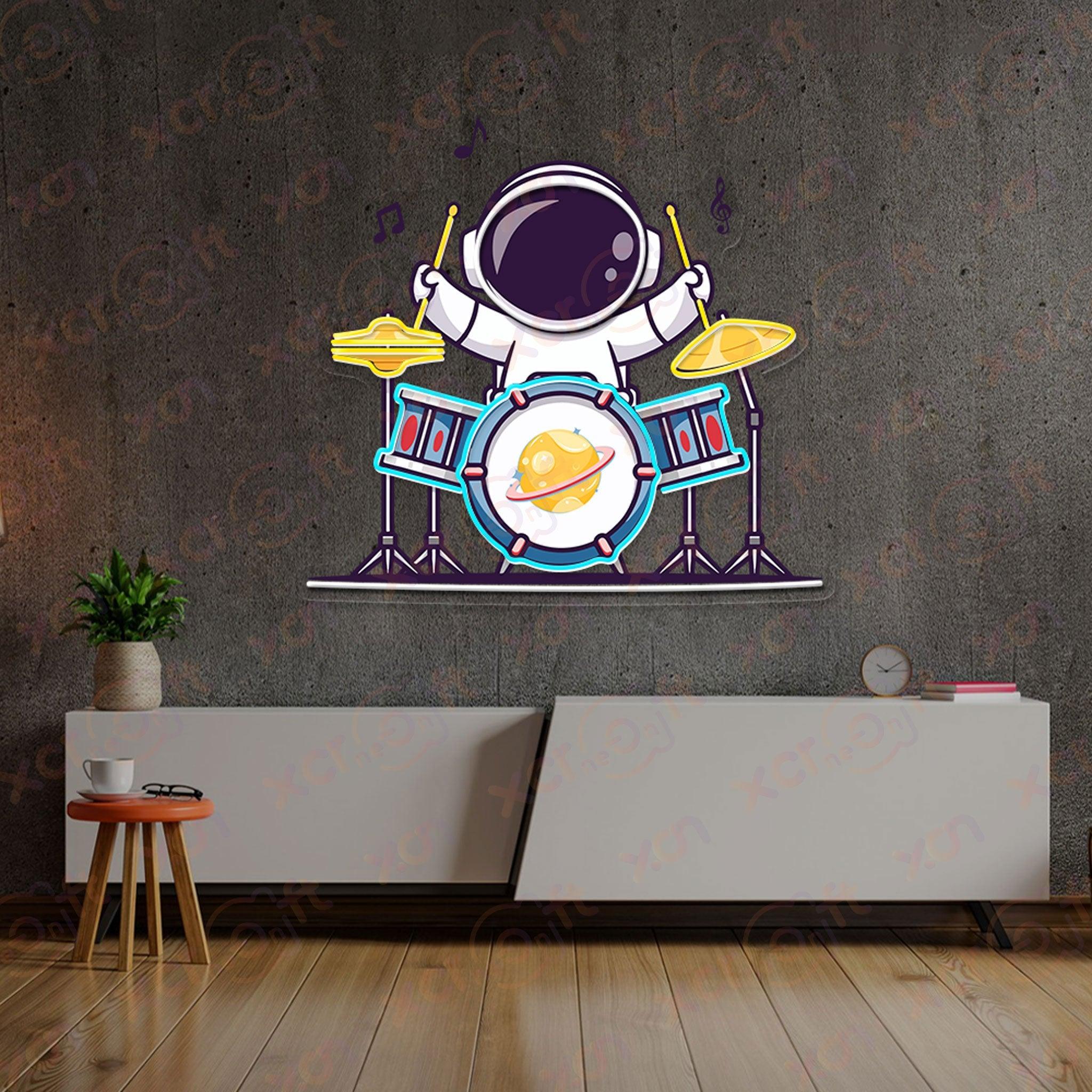 Astronaut Playing Drum Neon Wall Art