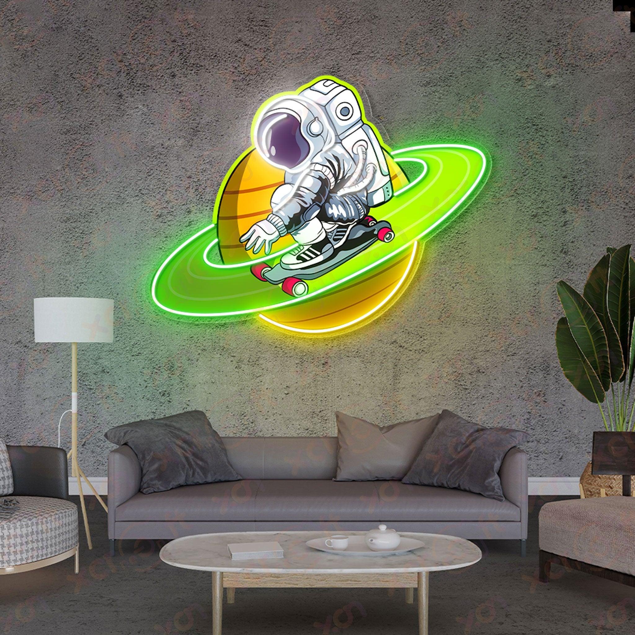 Green Astronaut Skateboarding  Decoration UV Printed Neon Signs