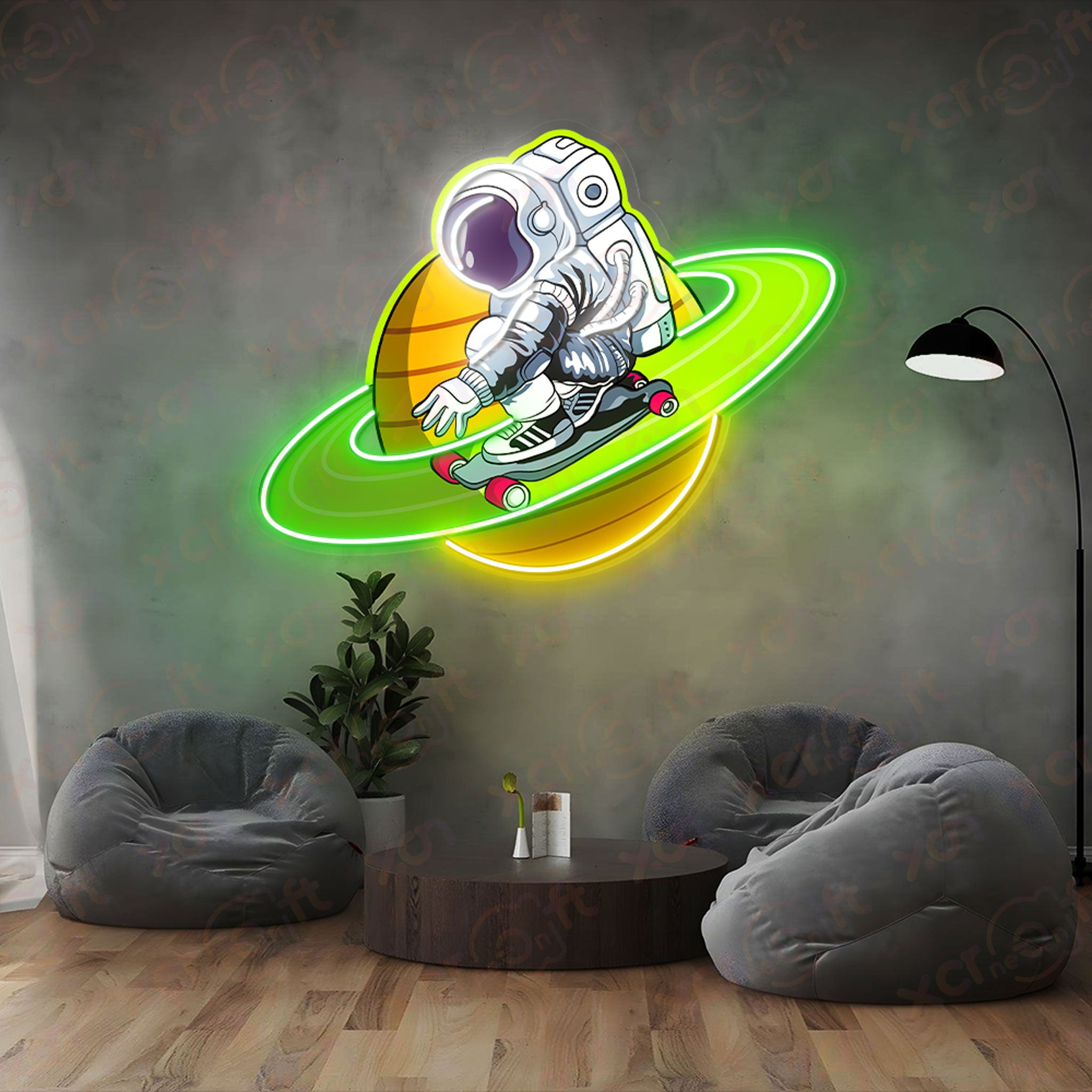 Green Astronaut Skateboarding Decoration UV Printed Neon Signs