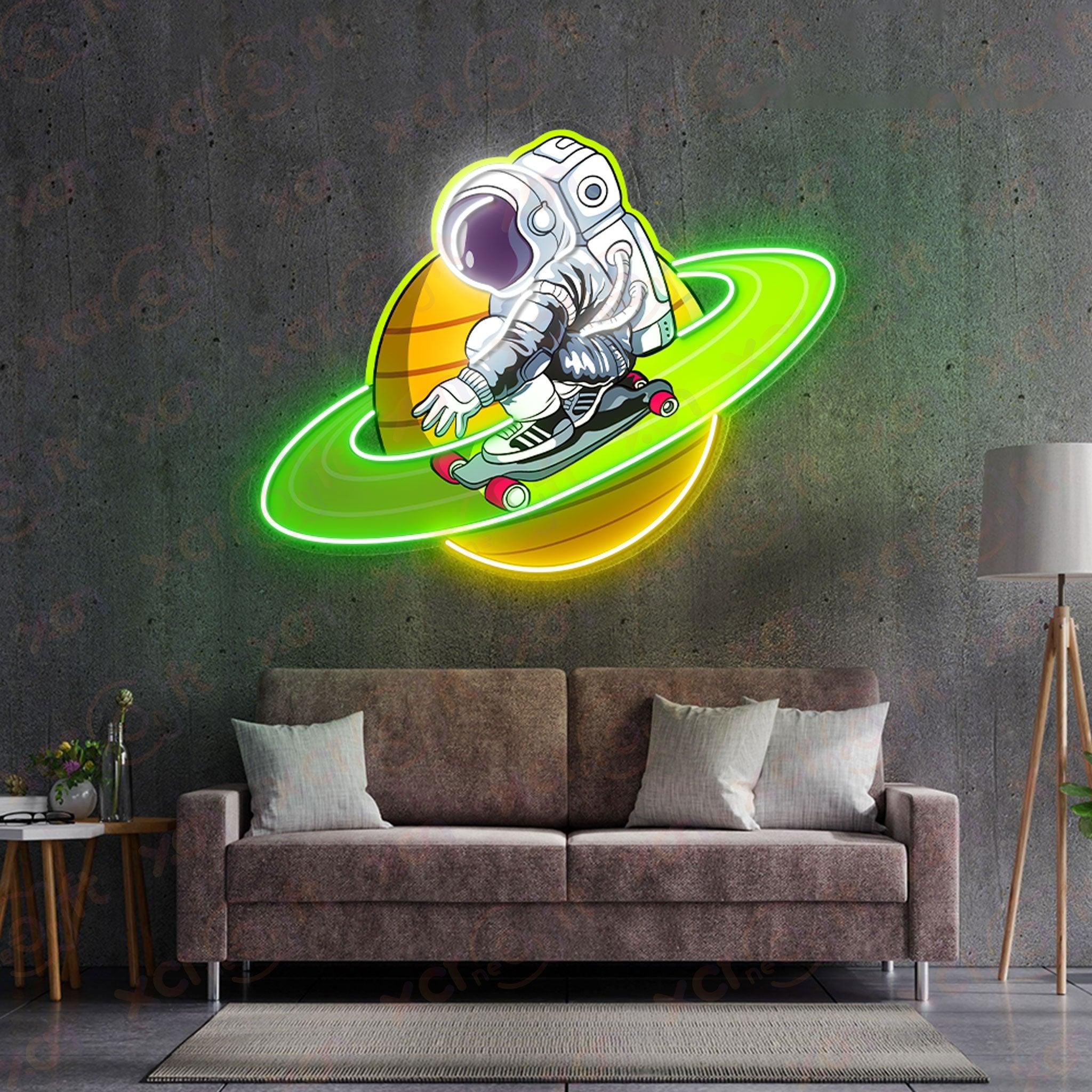 Green Astronaut Skateboarding  Decoration UV Printed Neon Signs