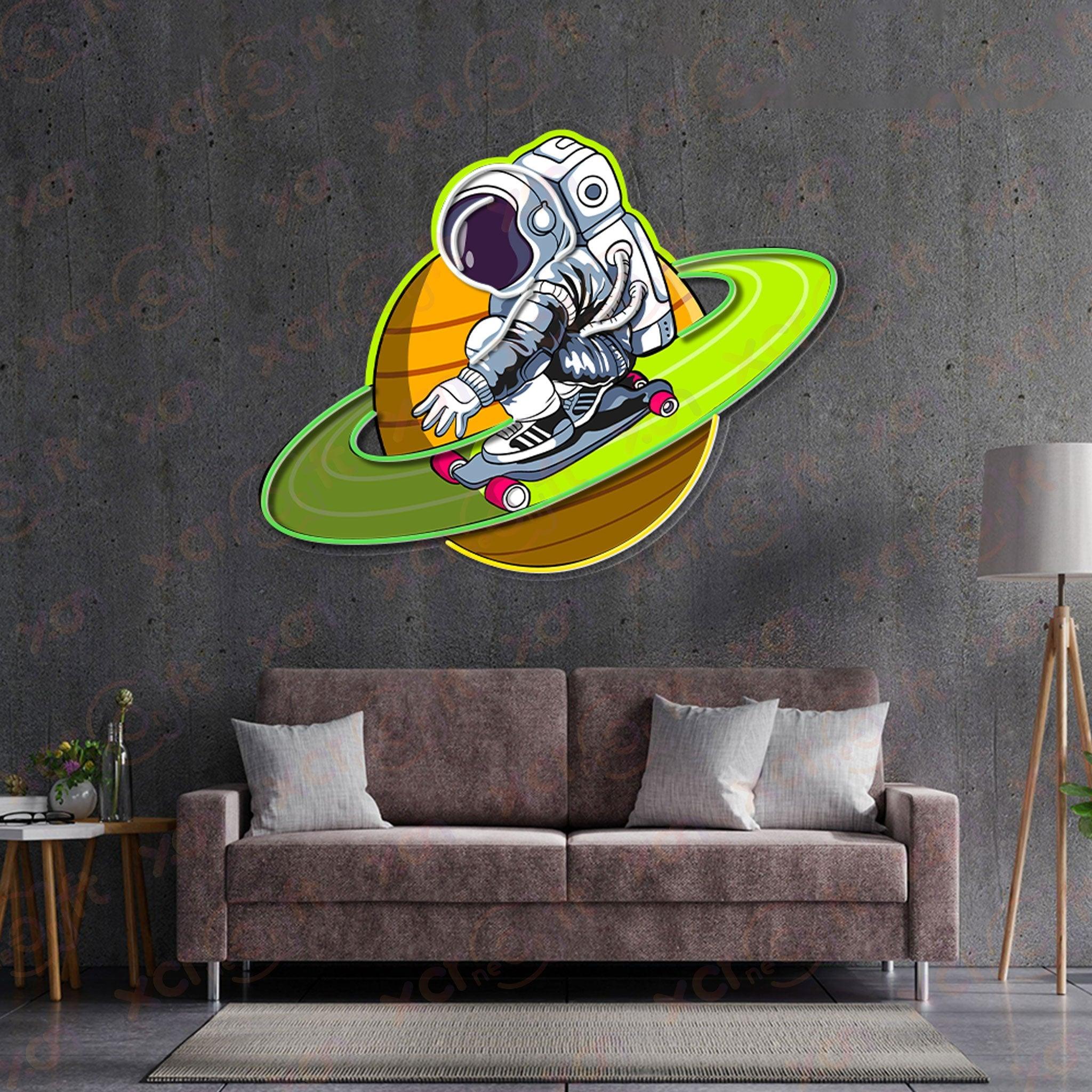 Green Astronaut Skateboarding  Decoration UV Printed Neon Signs