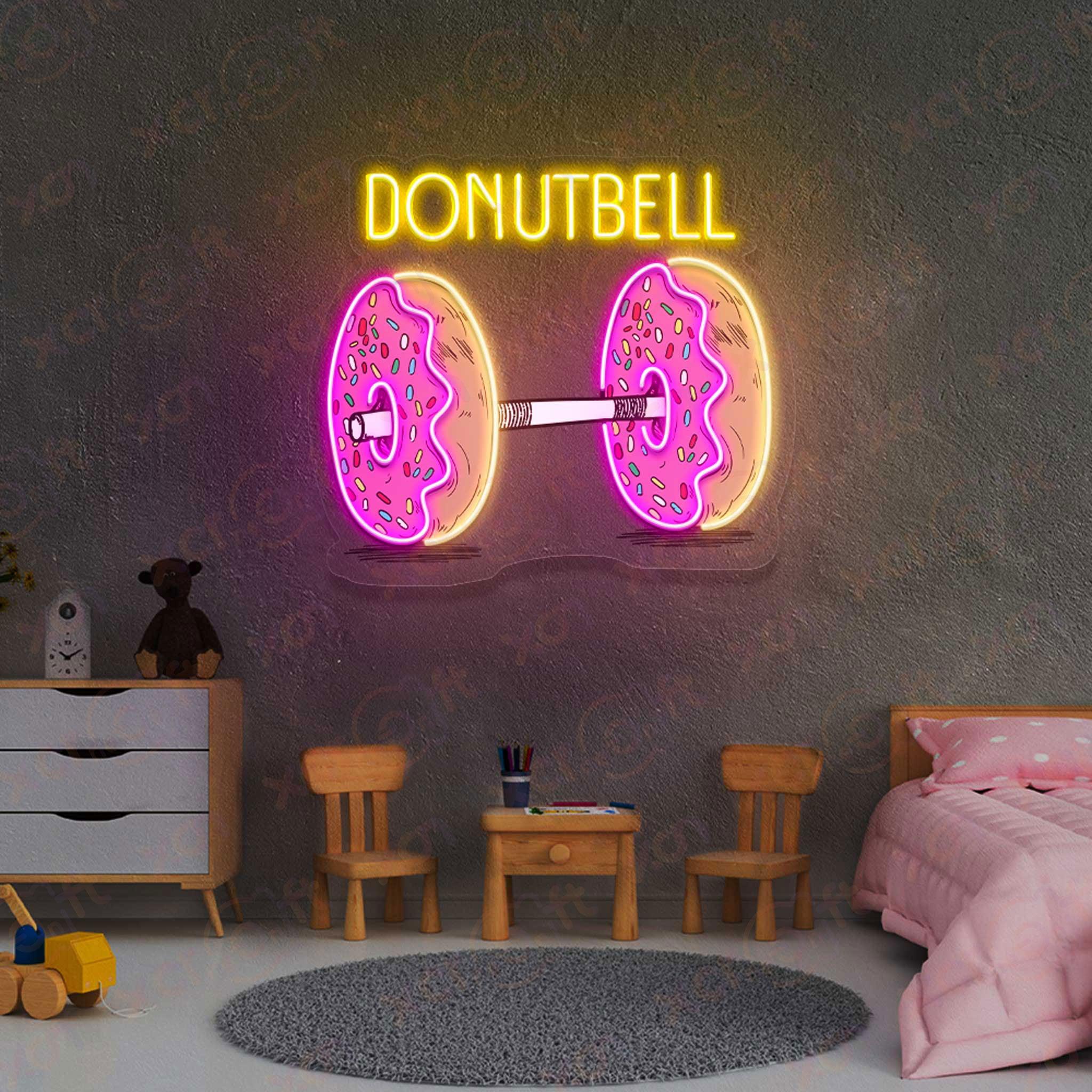 Colorful Donutbell neon sign in a living room