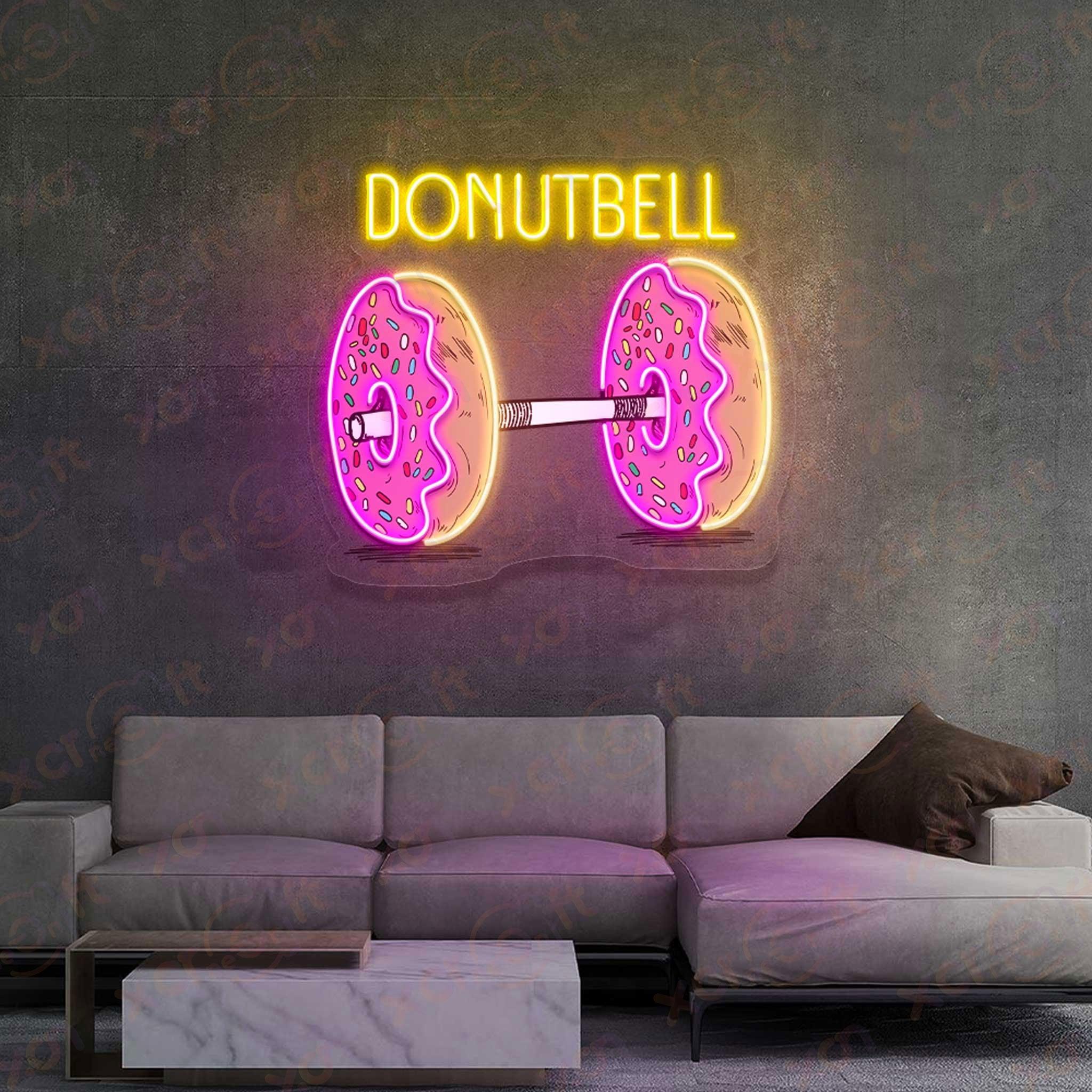 Neon Donutbell sign above a couch