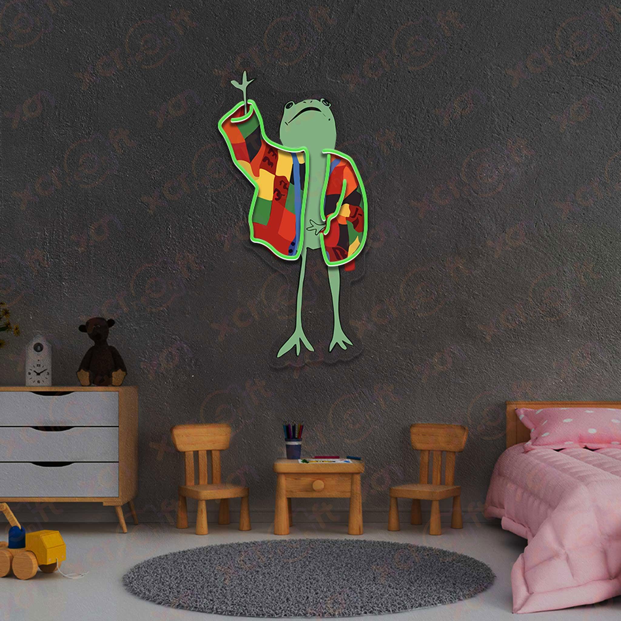 Vibrant frog-shaped wall decoration in nursery