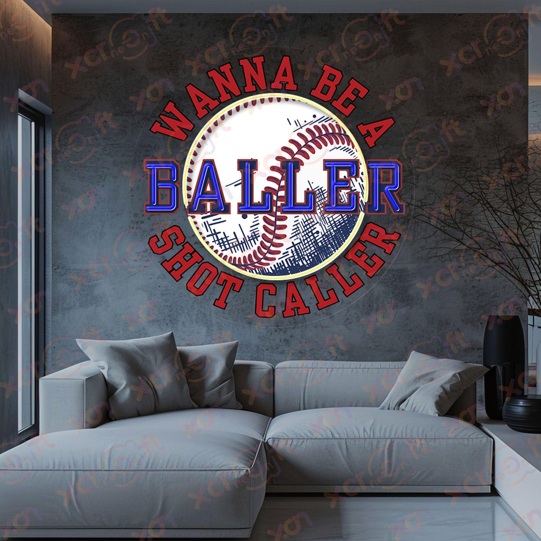 Neon "Wanna Be A Baller Shot Caller" sign decorates the wall above a couch