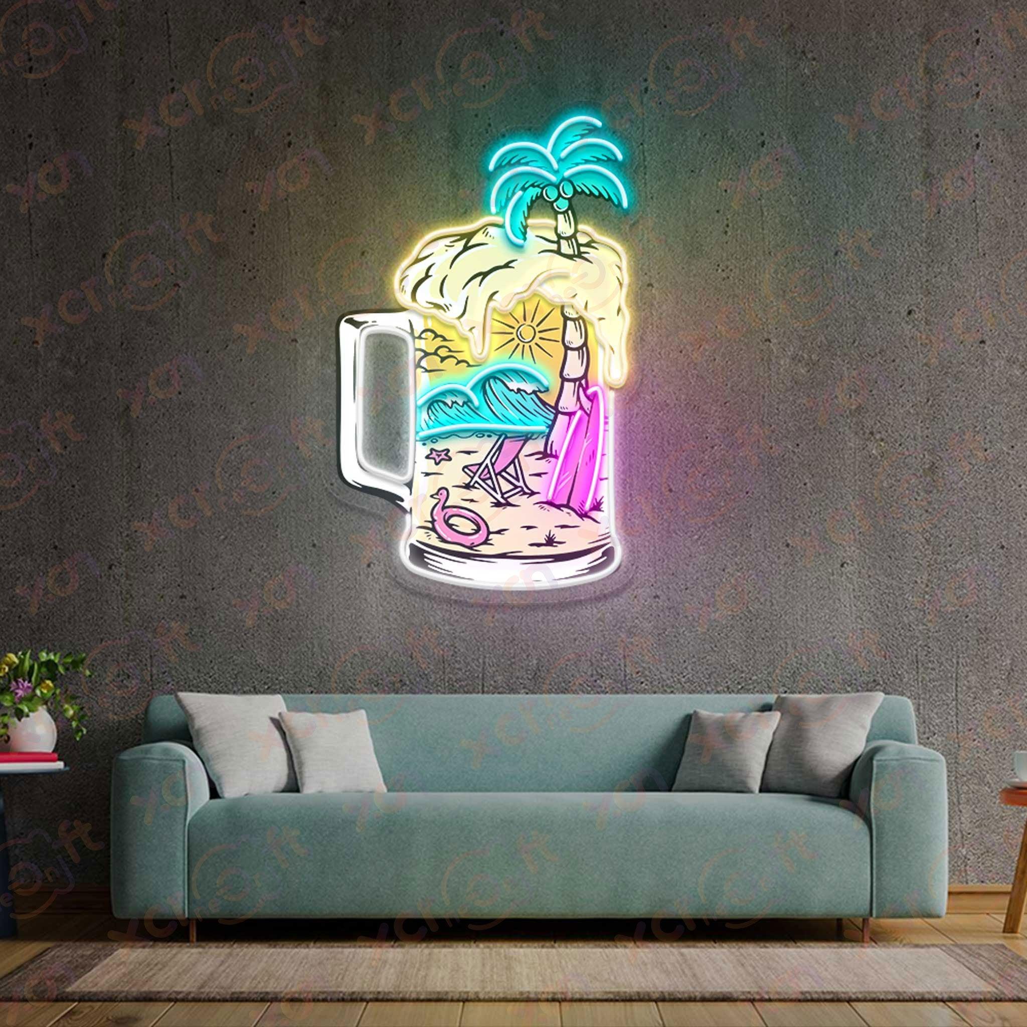 Neon Beer Mug Sign: Tropical Beach Scene with Palm and Ocean Waves