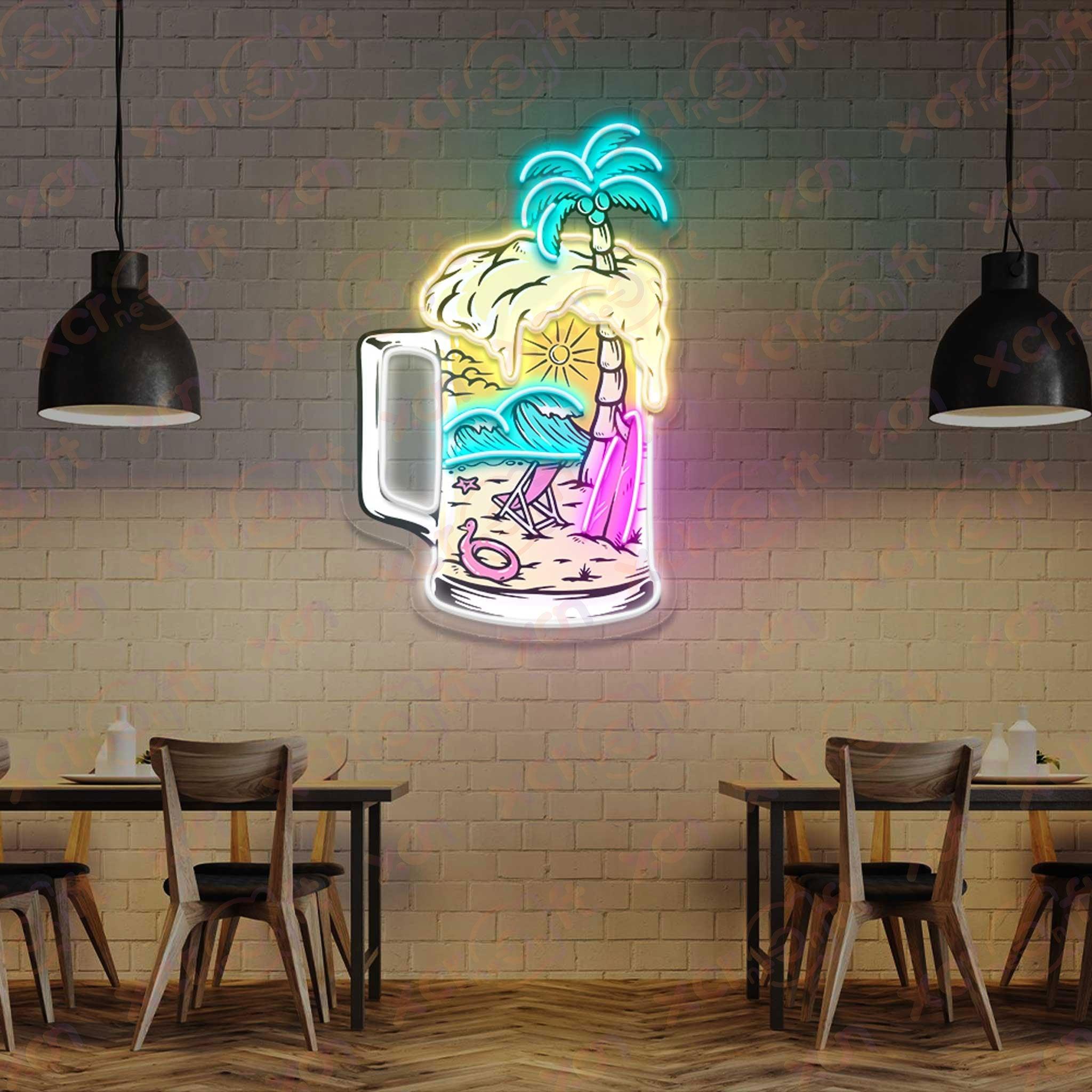 Beach-Themed Neon Sign: Palm Tree and Ocean Waves in a Beer Mug Shape