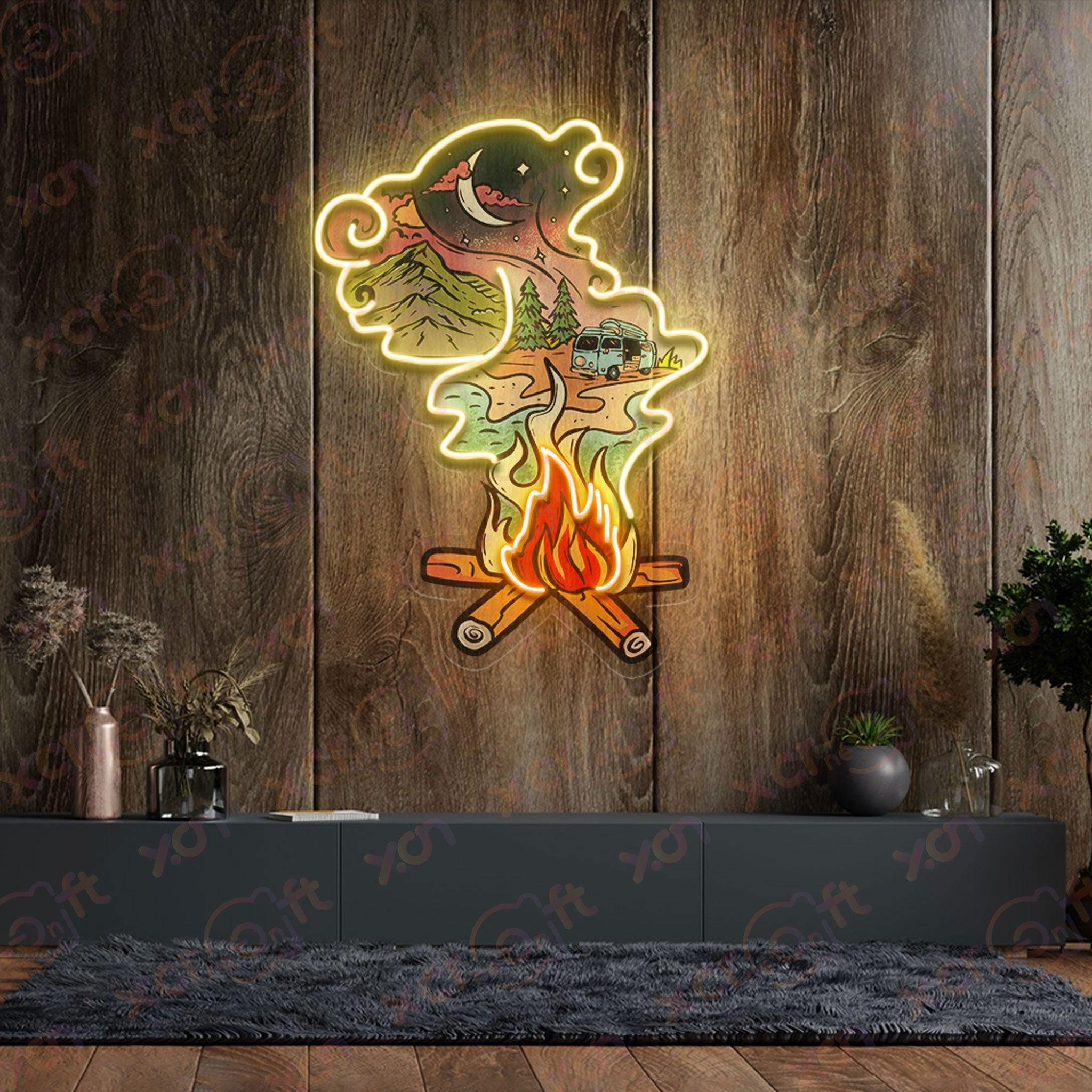 LED neon wall art: glowing campfire and RV landscape