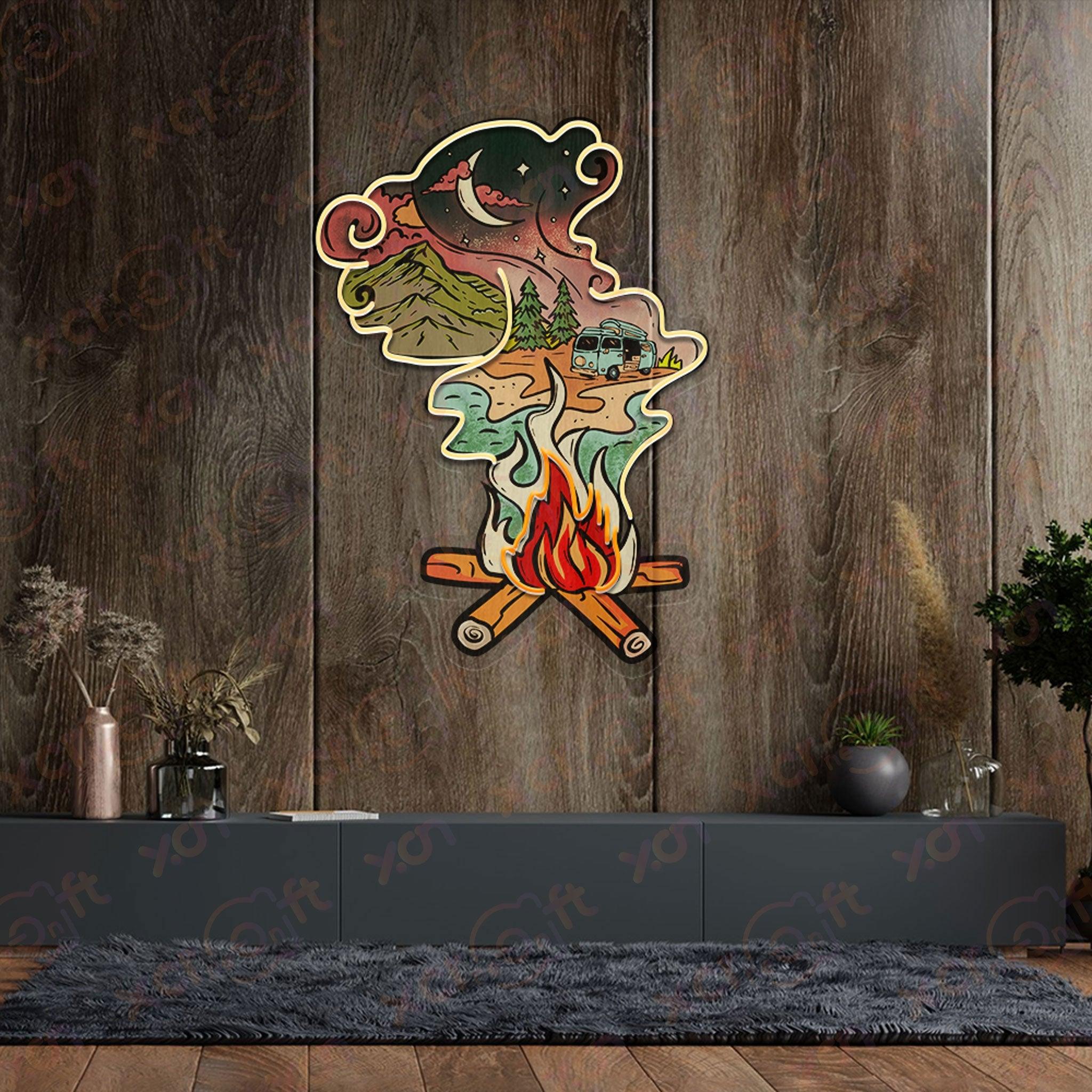 Colorful neon light decoration: campfire smoke forming nature scene