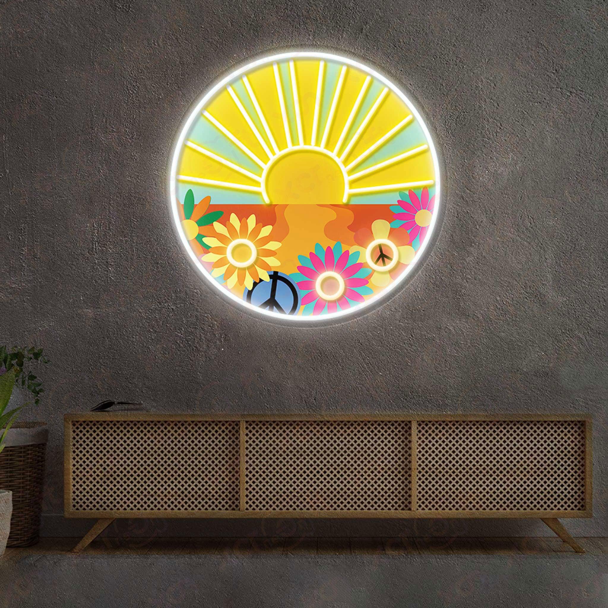 Custom neon sign retro sun with flowers and peace sign.