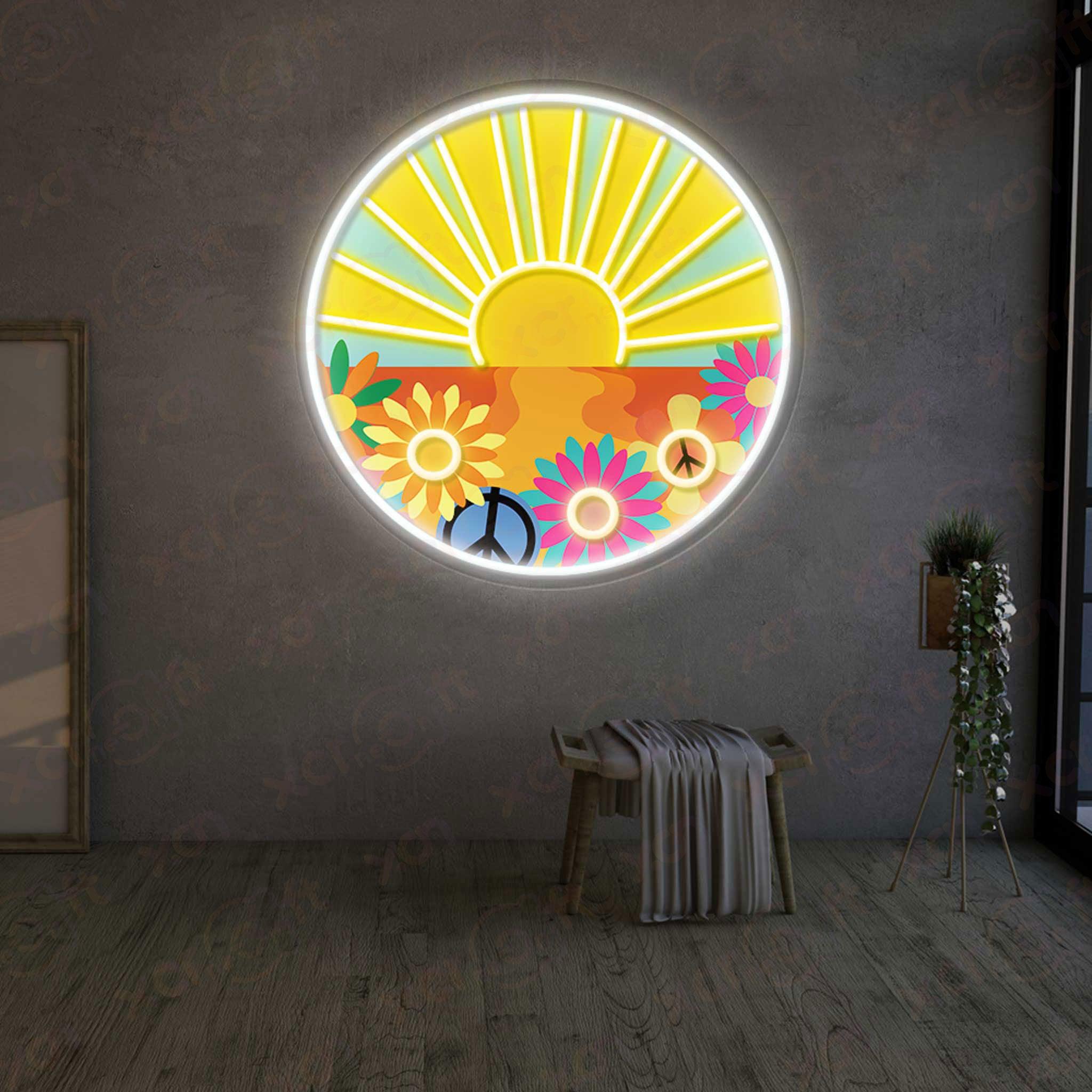 UV neon sign psychedelic sun with peace sign and flowers.