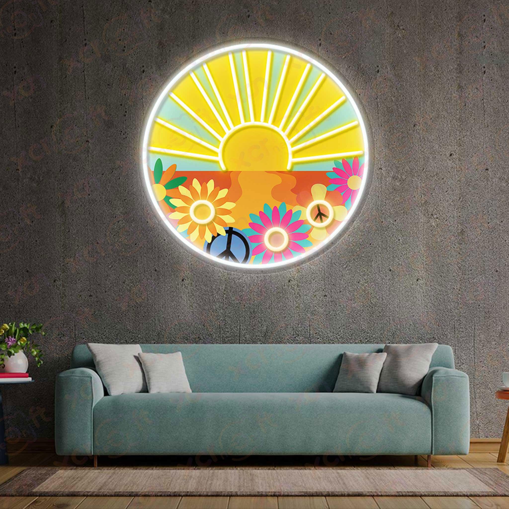 Neon light colorful hippie sun with peace symbol.