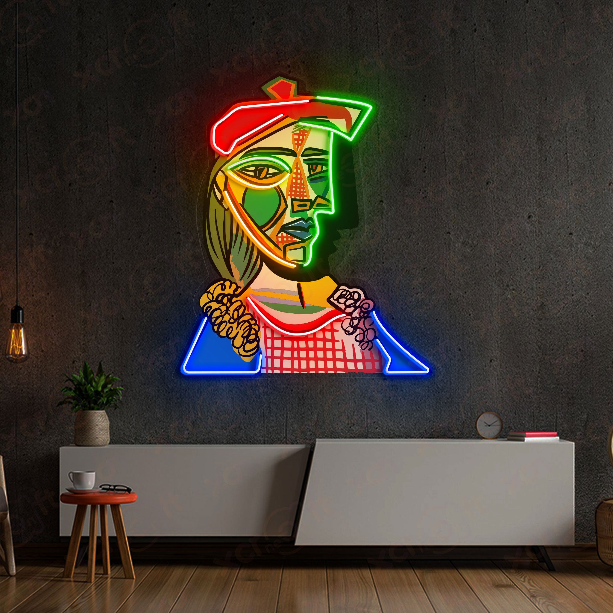 Cubist Portrait Neon Wall Art