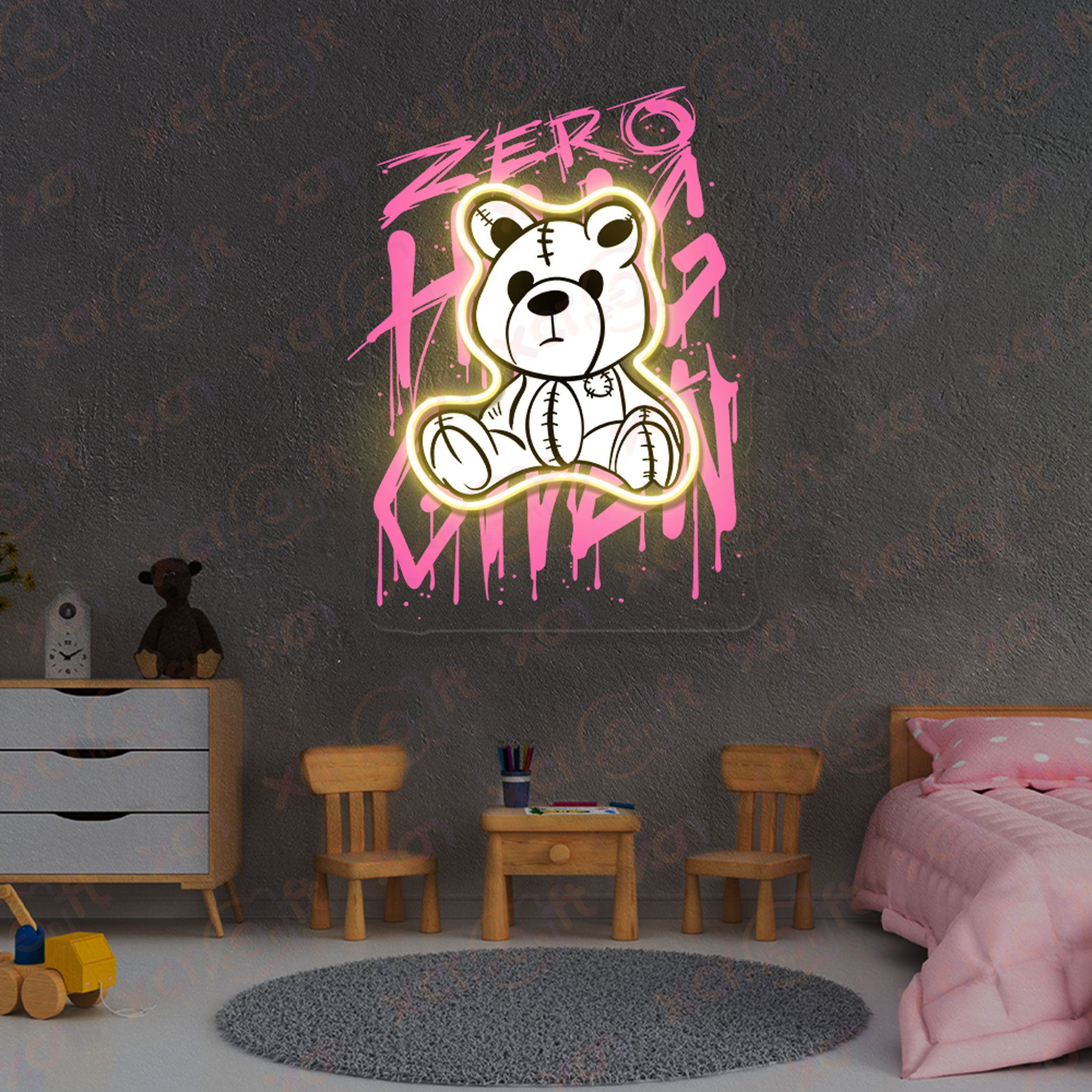 No Hug Bear UV Printed LED Neon Sign Kids Room