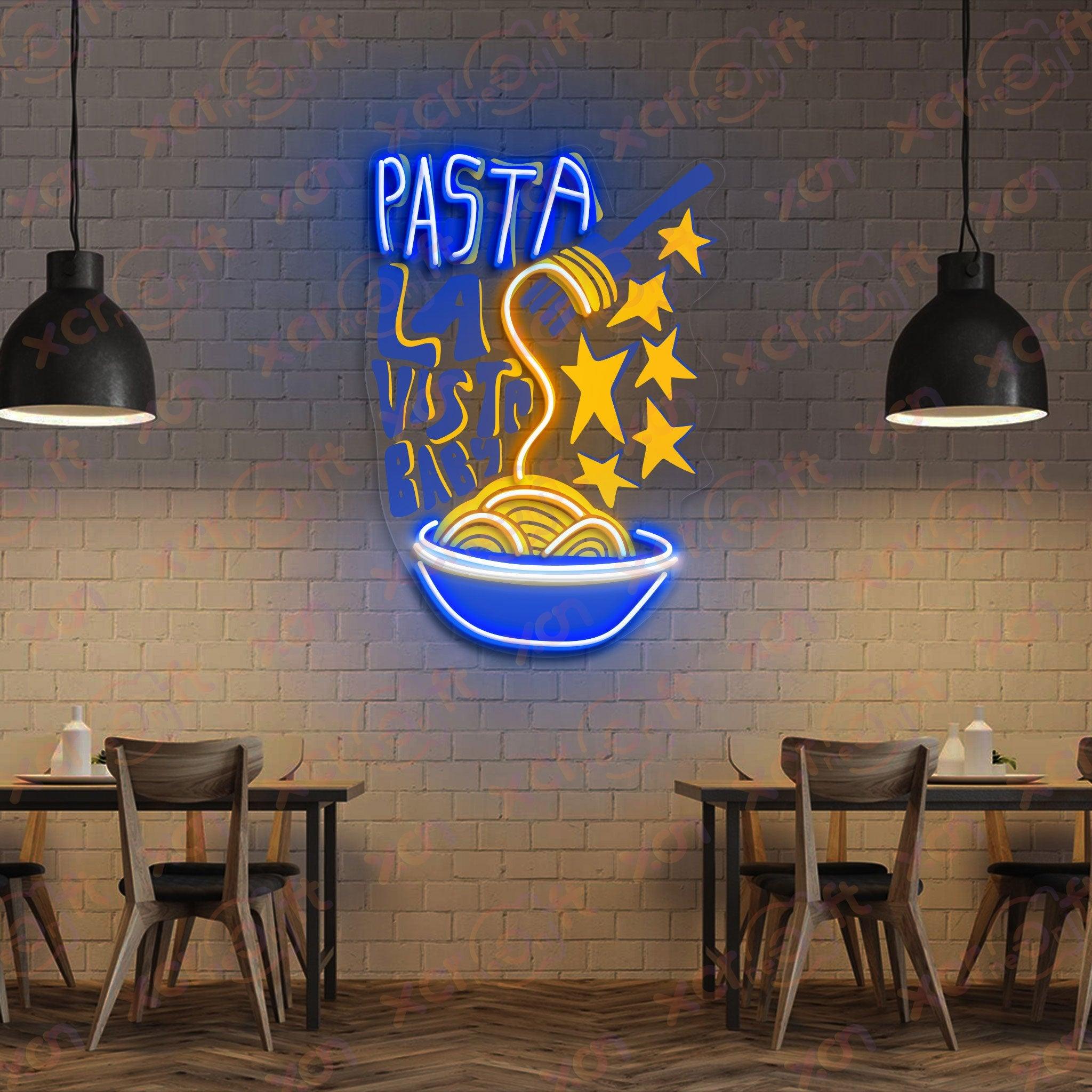 UV Custom Neon Sign - Custom neon sign over pasta plate