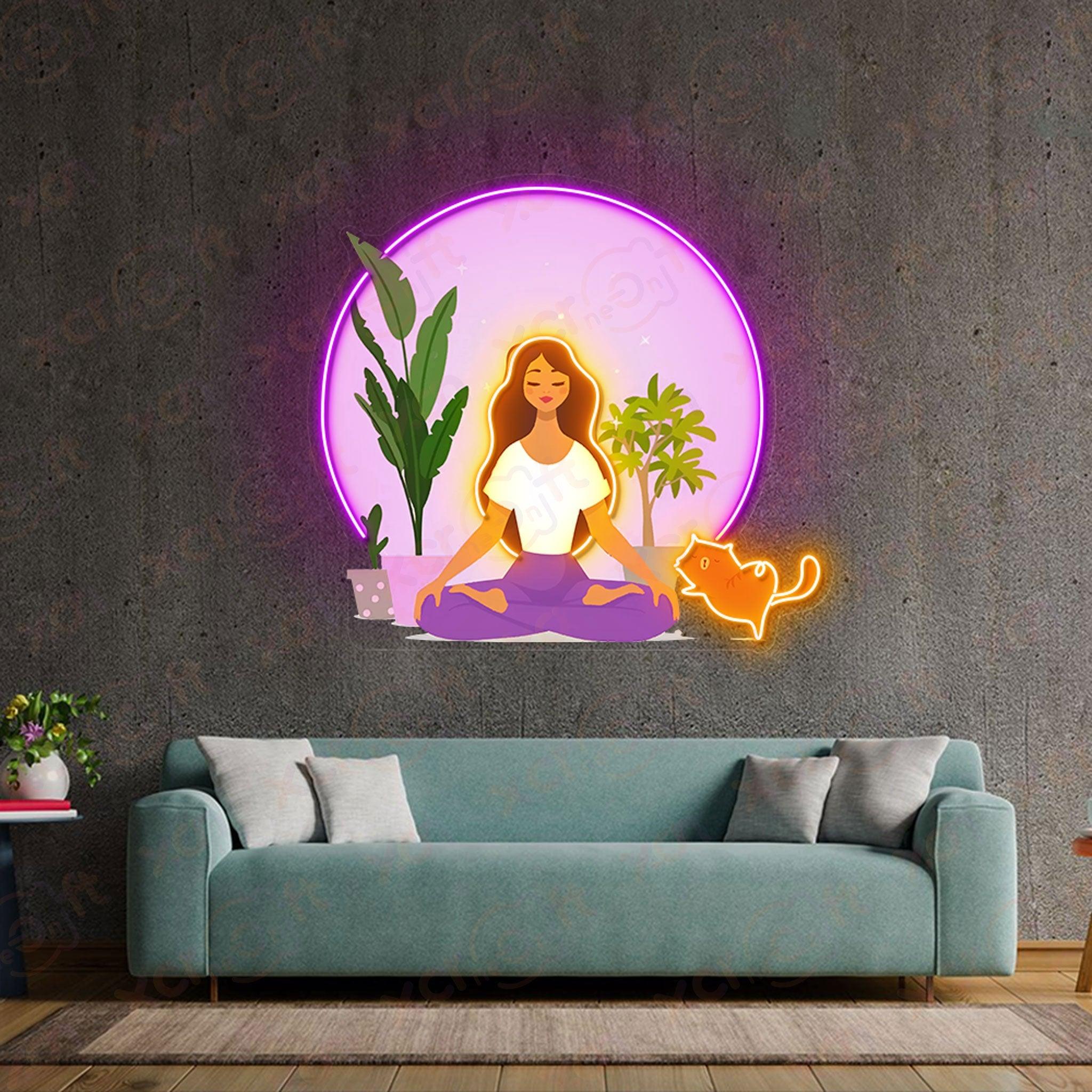 Yoga Girl and Cat Printed LED Neon Sign