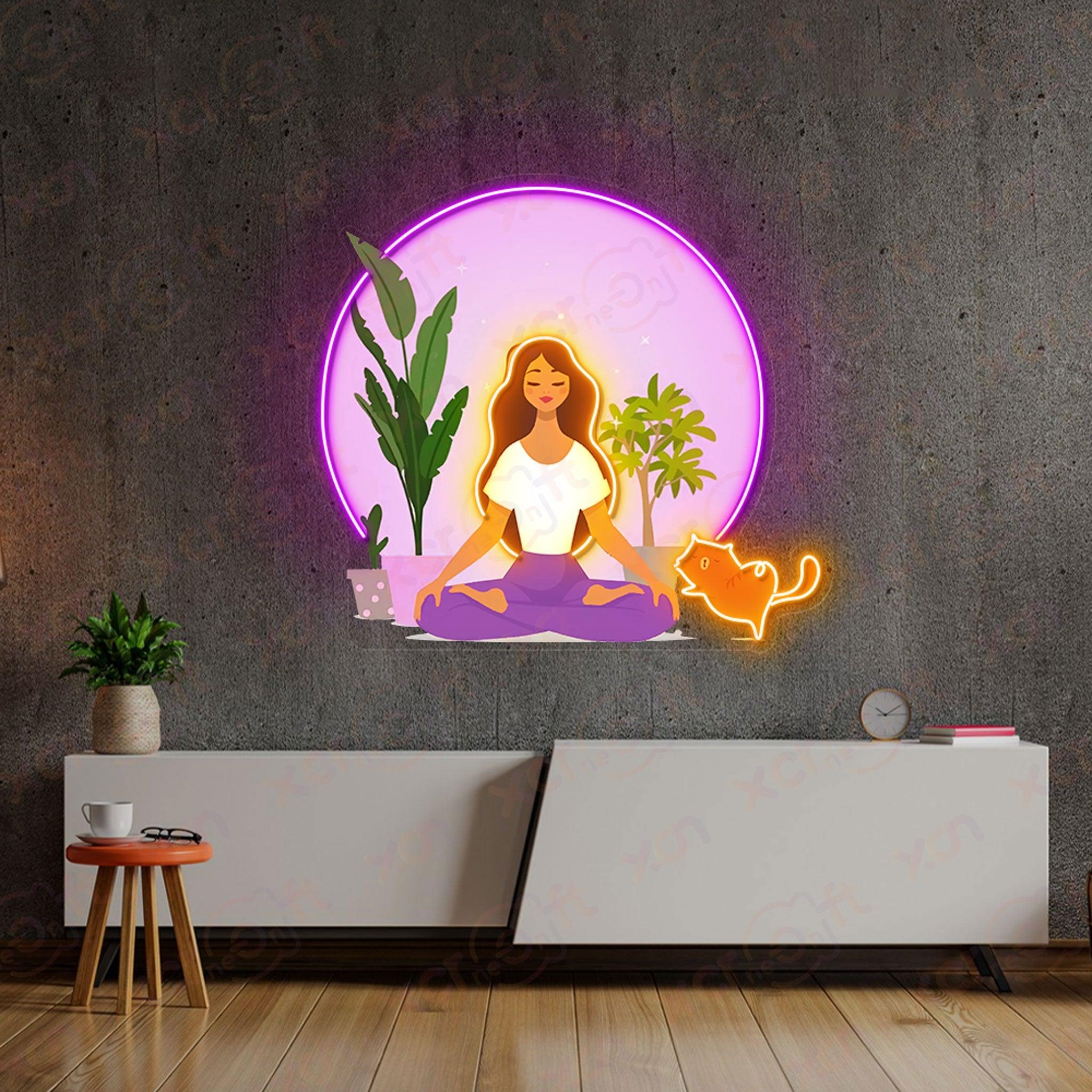 Yoga Girl and Cat Printed LED Neon Sign