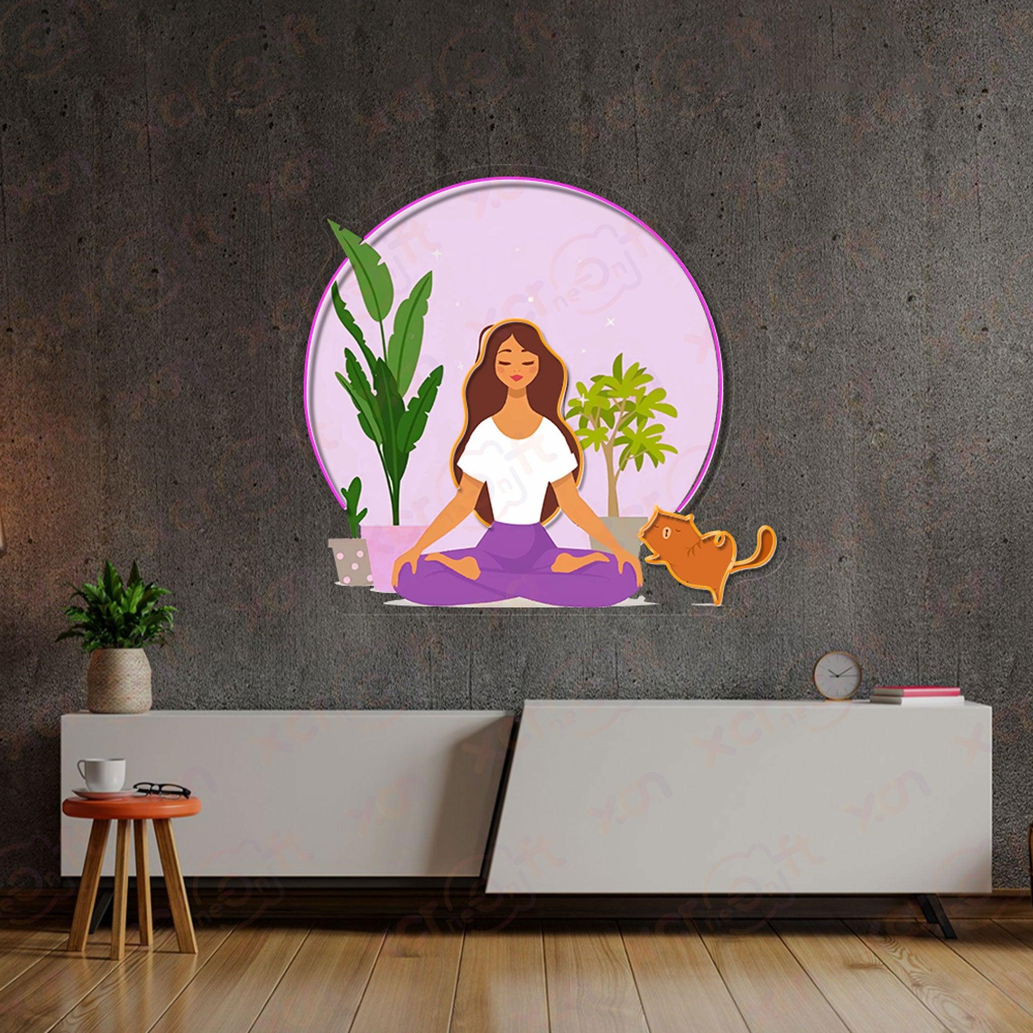 Yoga Girl and Cat Printed LED Neon Sign