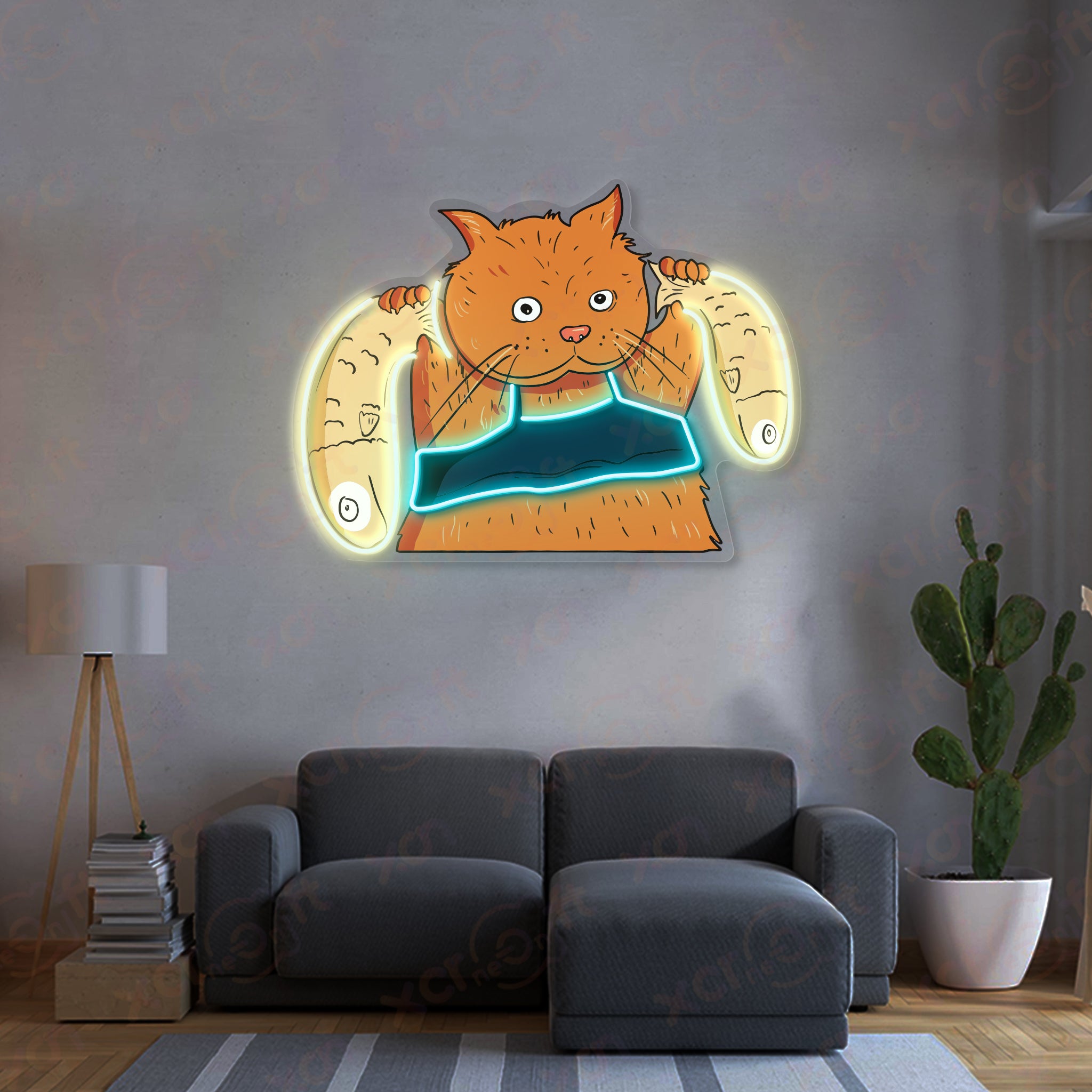 Cat Holds Fishes UV Printed LED Neon Sign