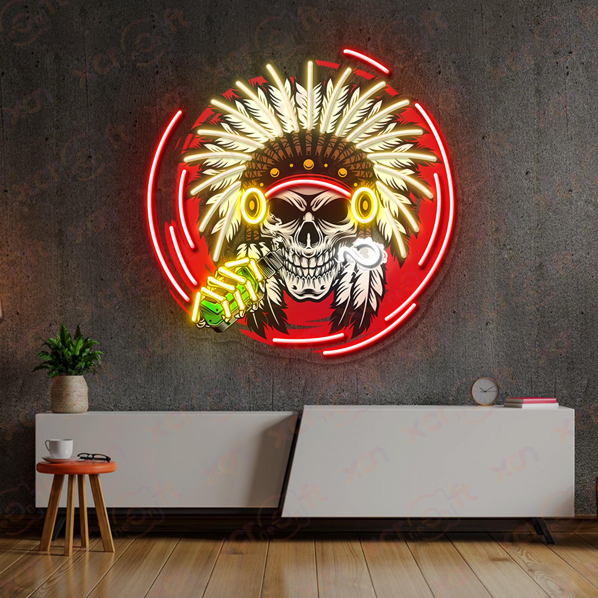 US Native Skull Printed LED Neon Sign