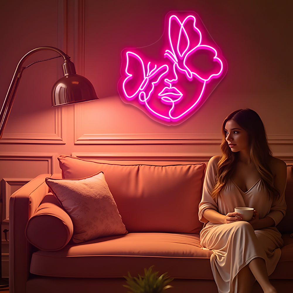 Butterfly on Woman Face Neon Sign