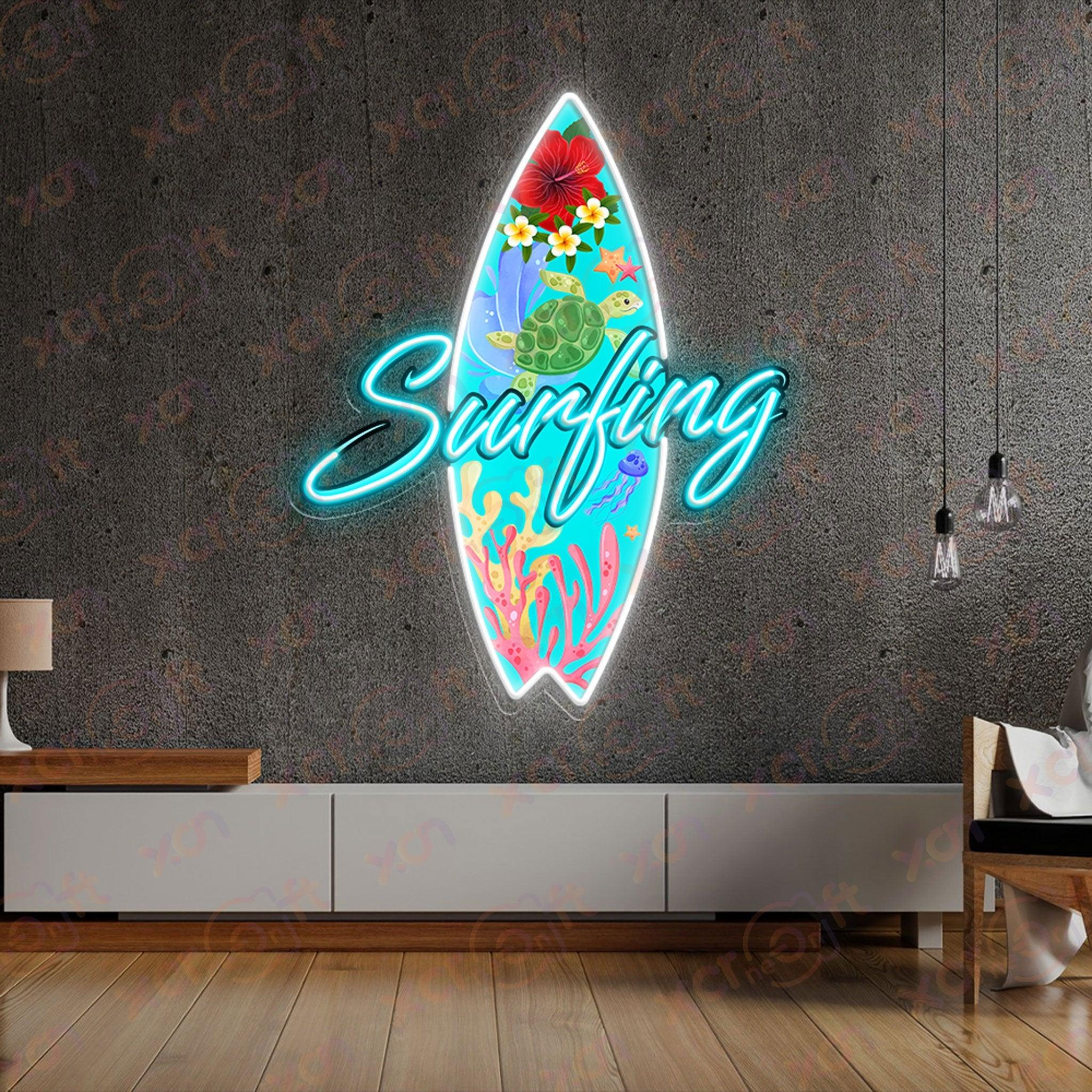 Neon Signs Art - Vibrant neon signs art on surfboard