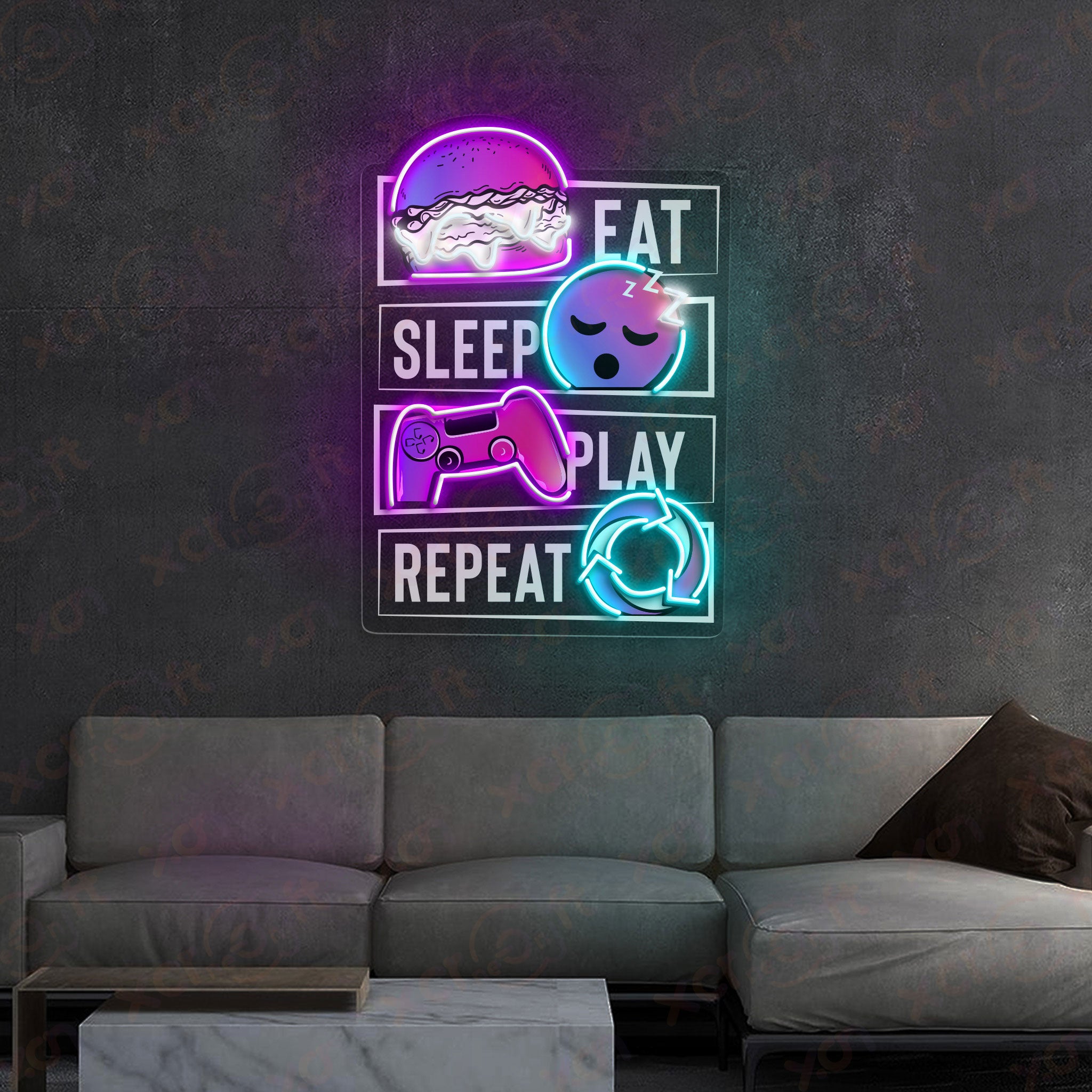 Eat Sleep Play Repeat UV Printed Neon Sign Game Decor