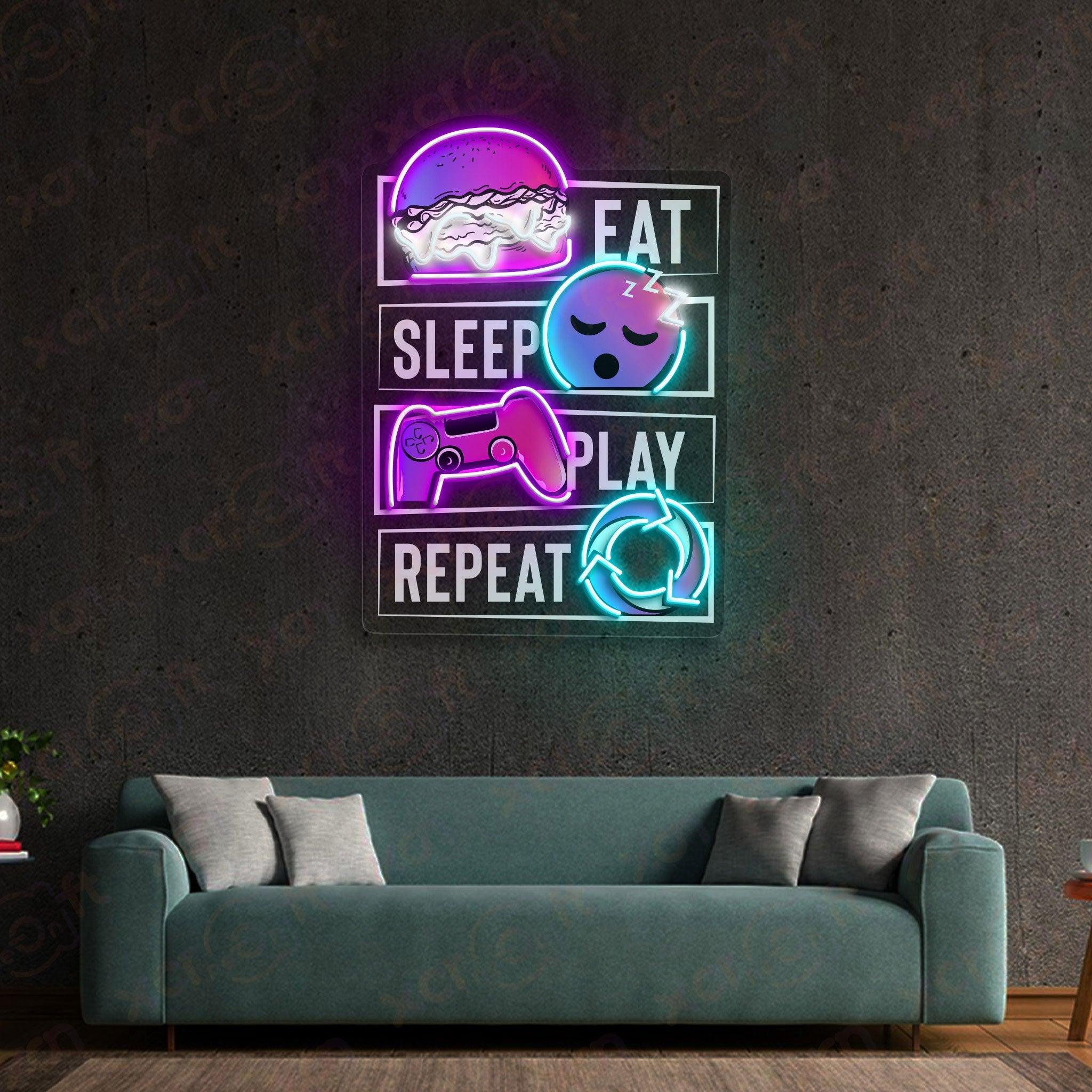 Play Repeat neon wall art.