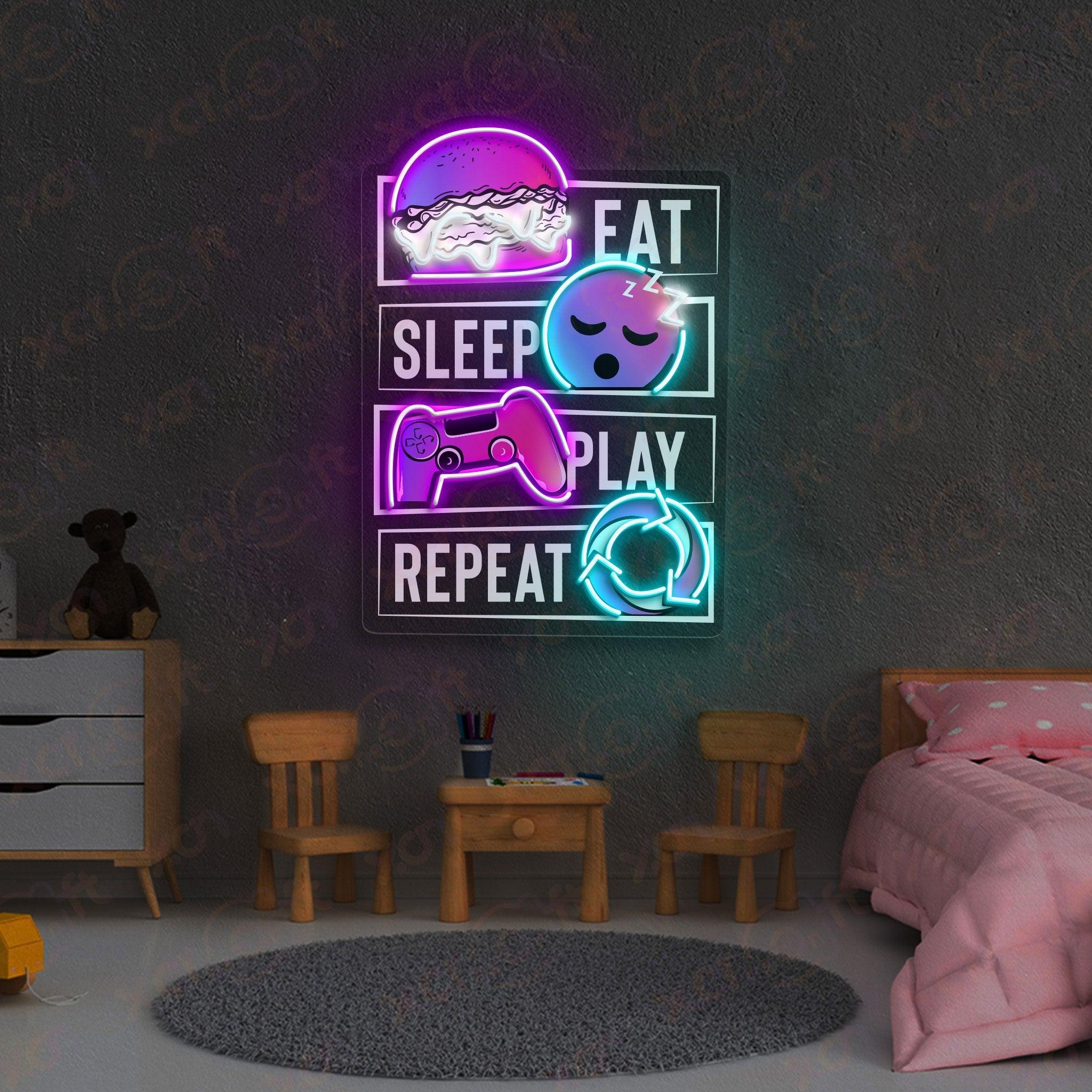 Eat Sleep Play Repeat UV Printed Neon Sign Game Decor