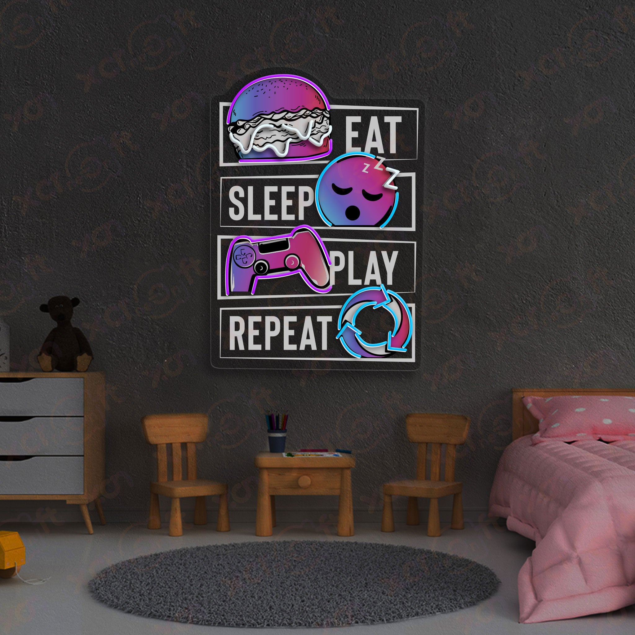 Eat Sleep Play Repeat UV Printed Neon Sign Game Decor