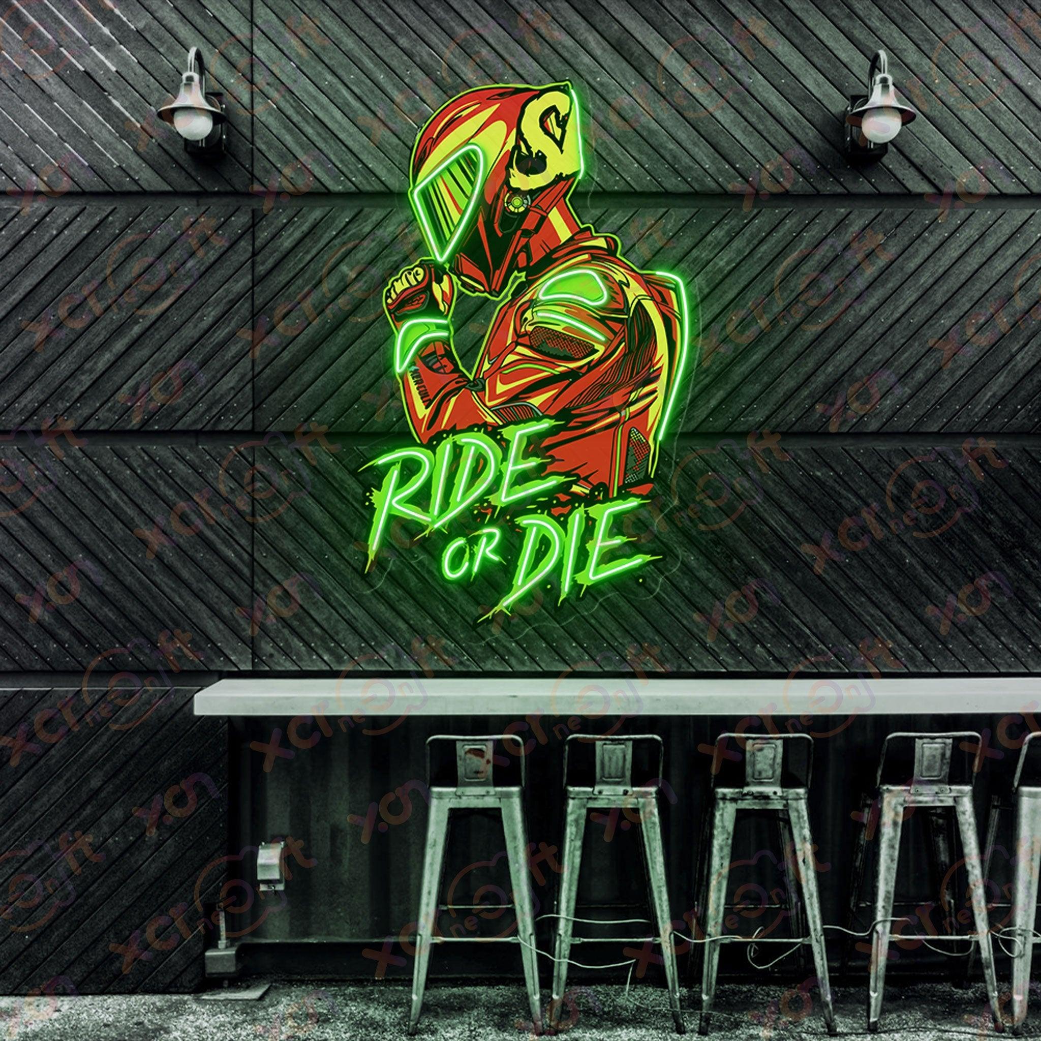 Vibrant neon wall art of biker helmet