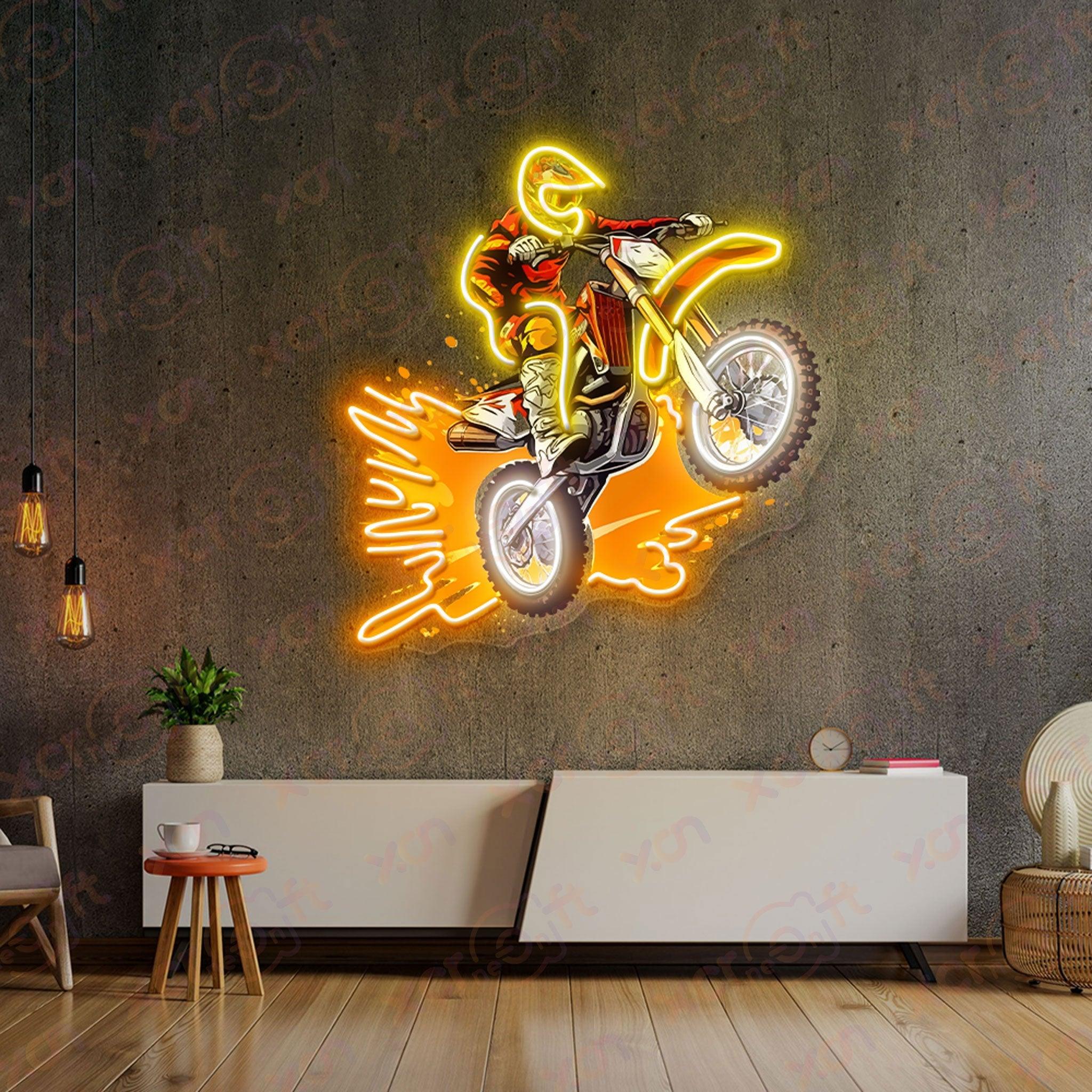 Vibrant neon art of dirt bike jumping