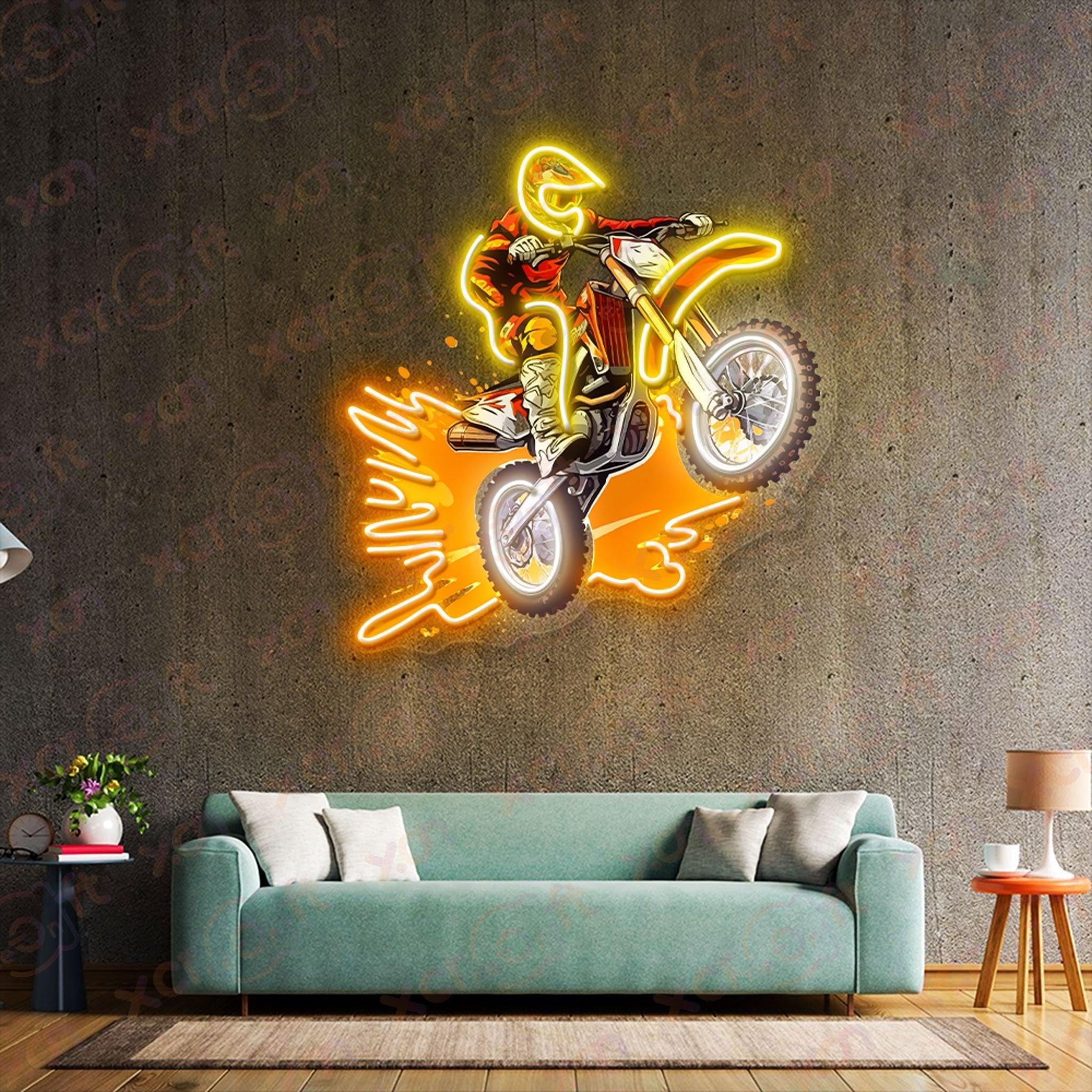 Neon sign of dirt bike rider in action