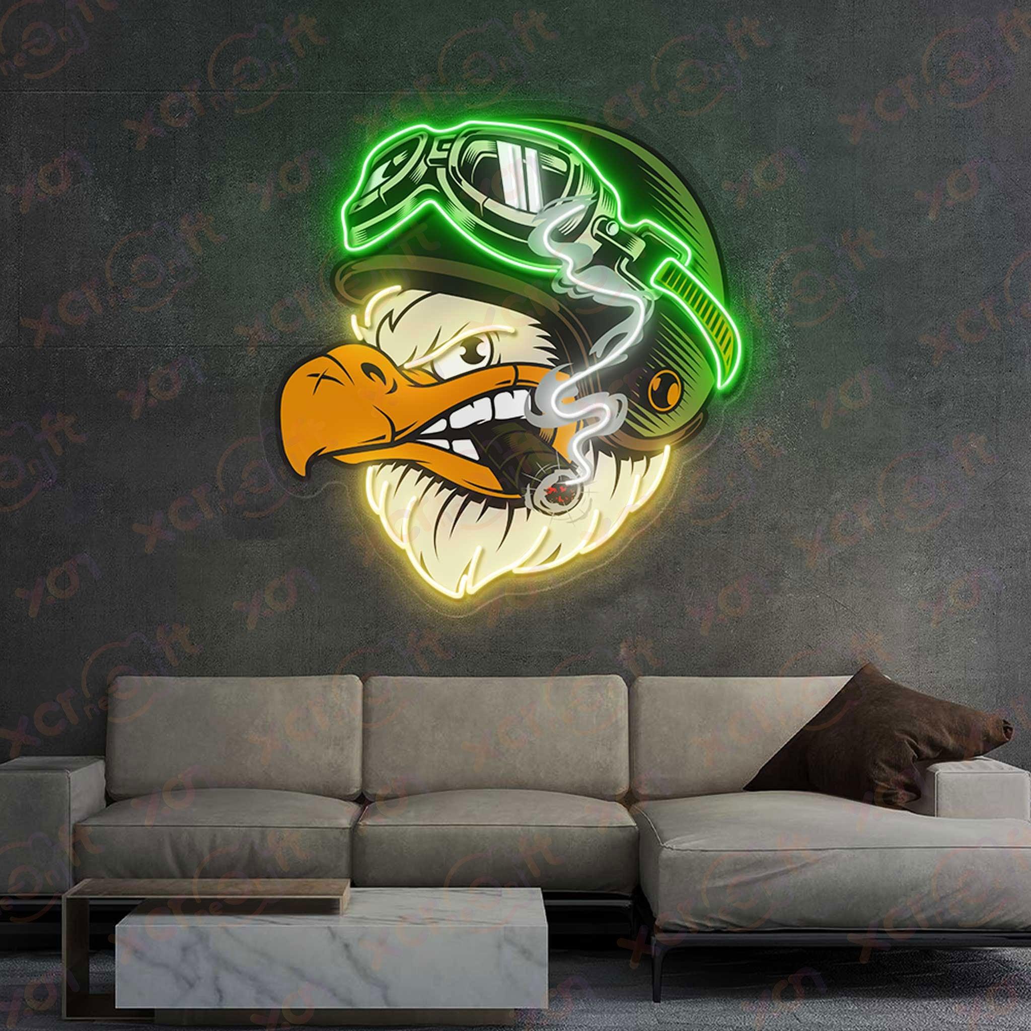 Neon sign of eagle with biker helmet