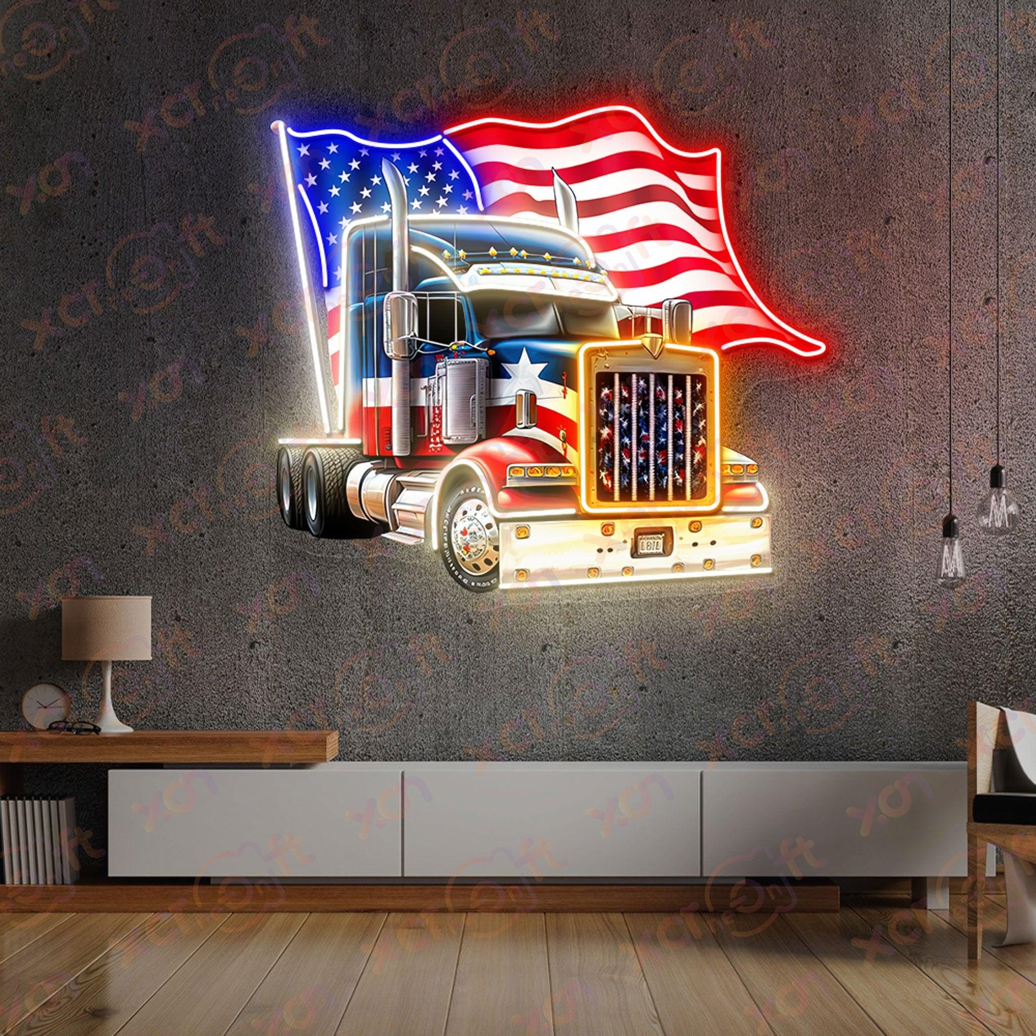 Custom LED neon sign of truck with American flag