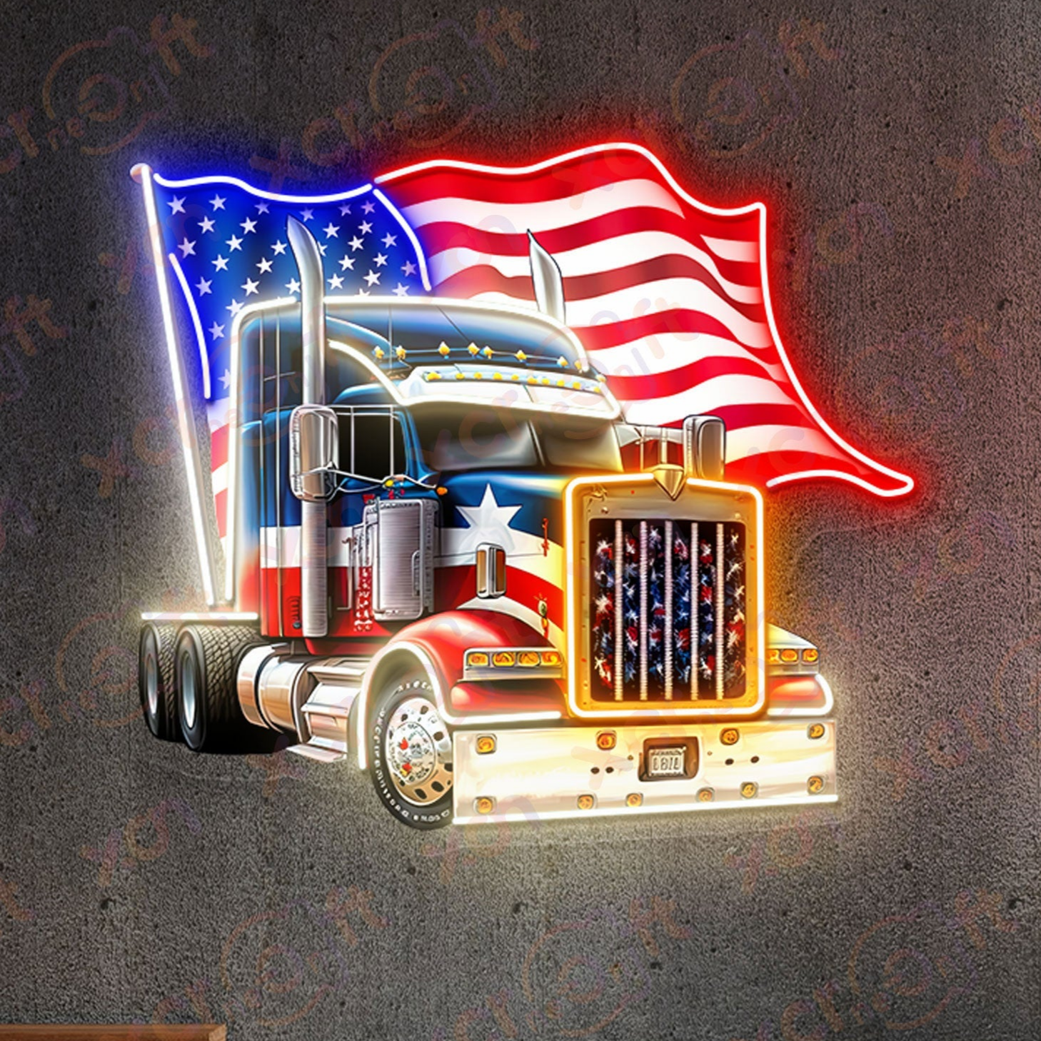 Semi Truck US Flag Color Neon