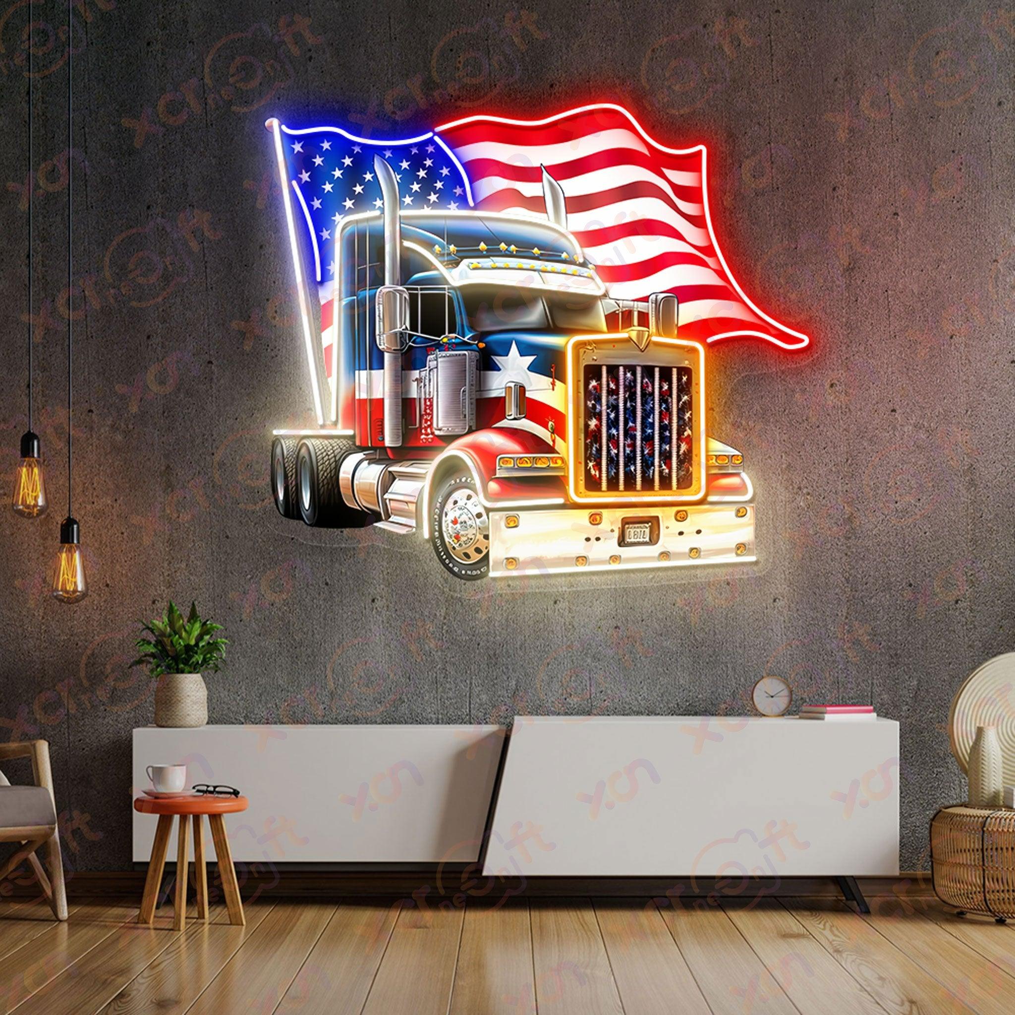 Vibrant neon wall art of truck and US flag