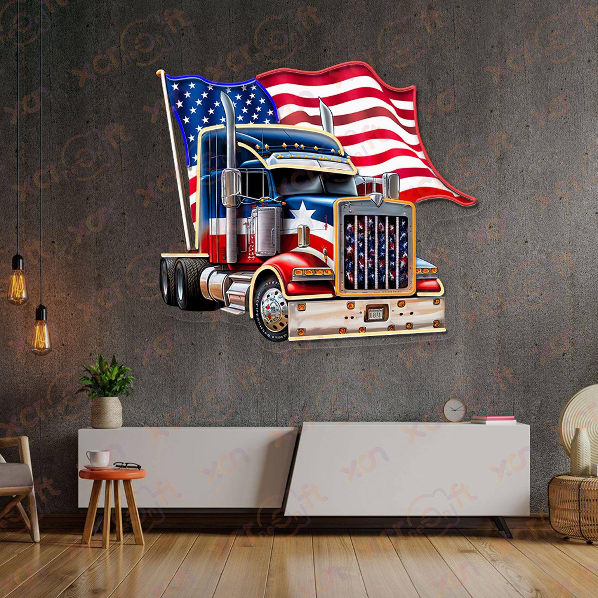 Colorful neon sign featuring semi-truck and US flag