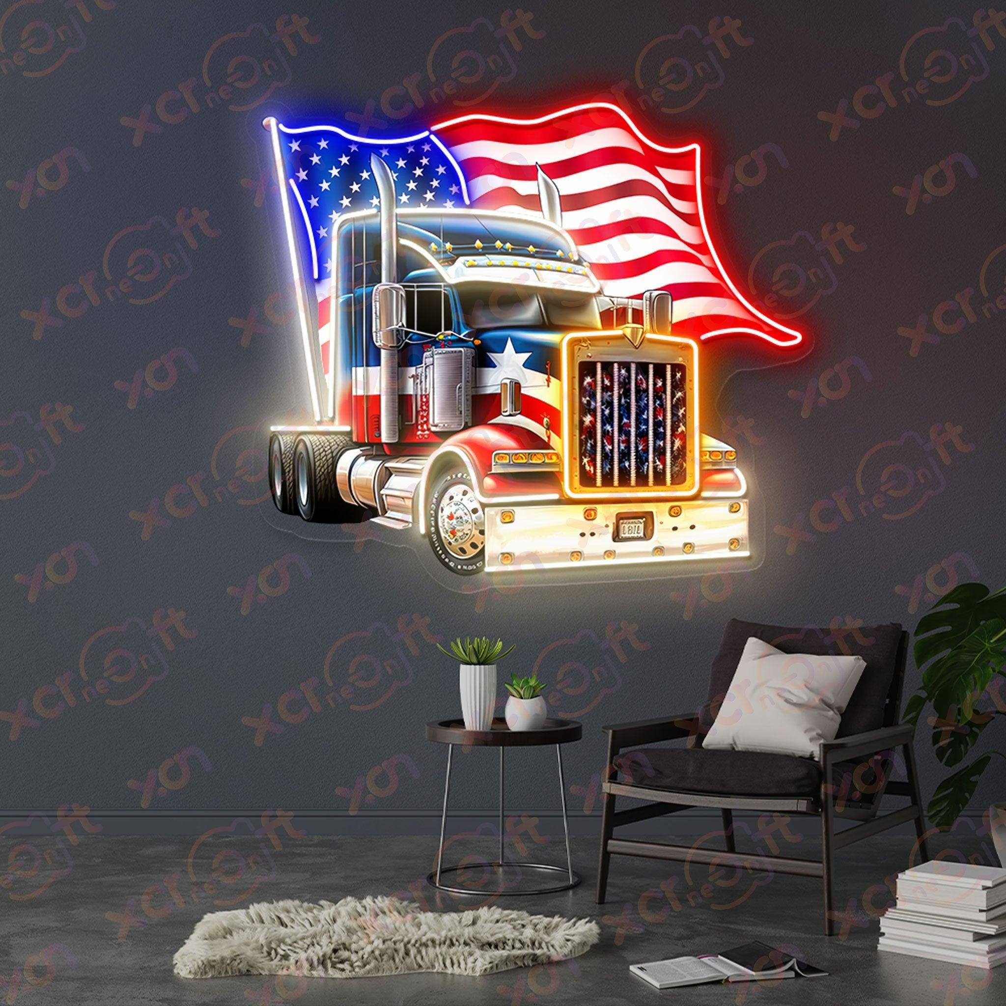 Neon sign of semi-truck with US flag