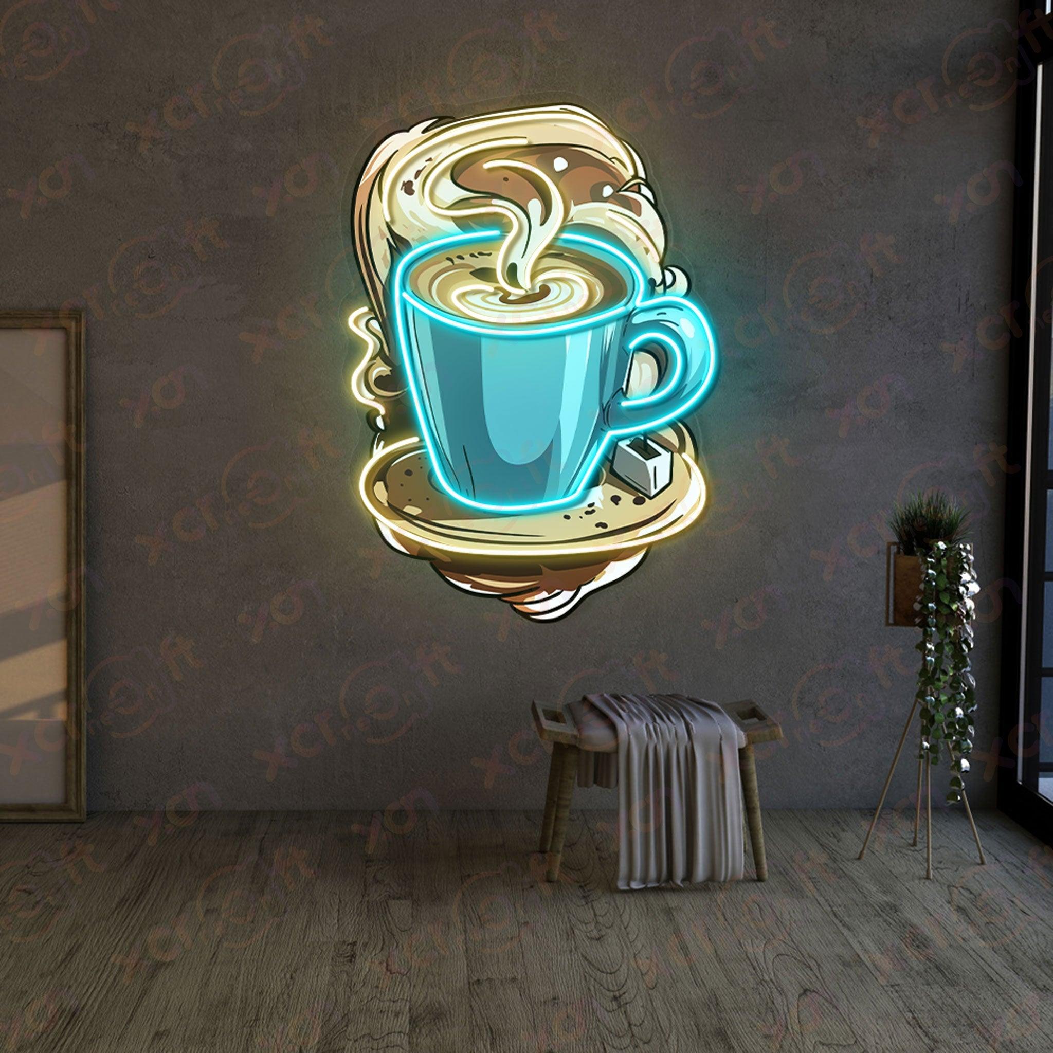 Vibrant neon wall art of coffee cup